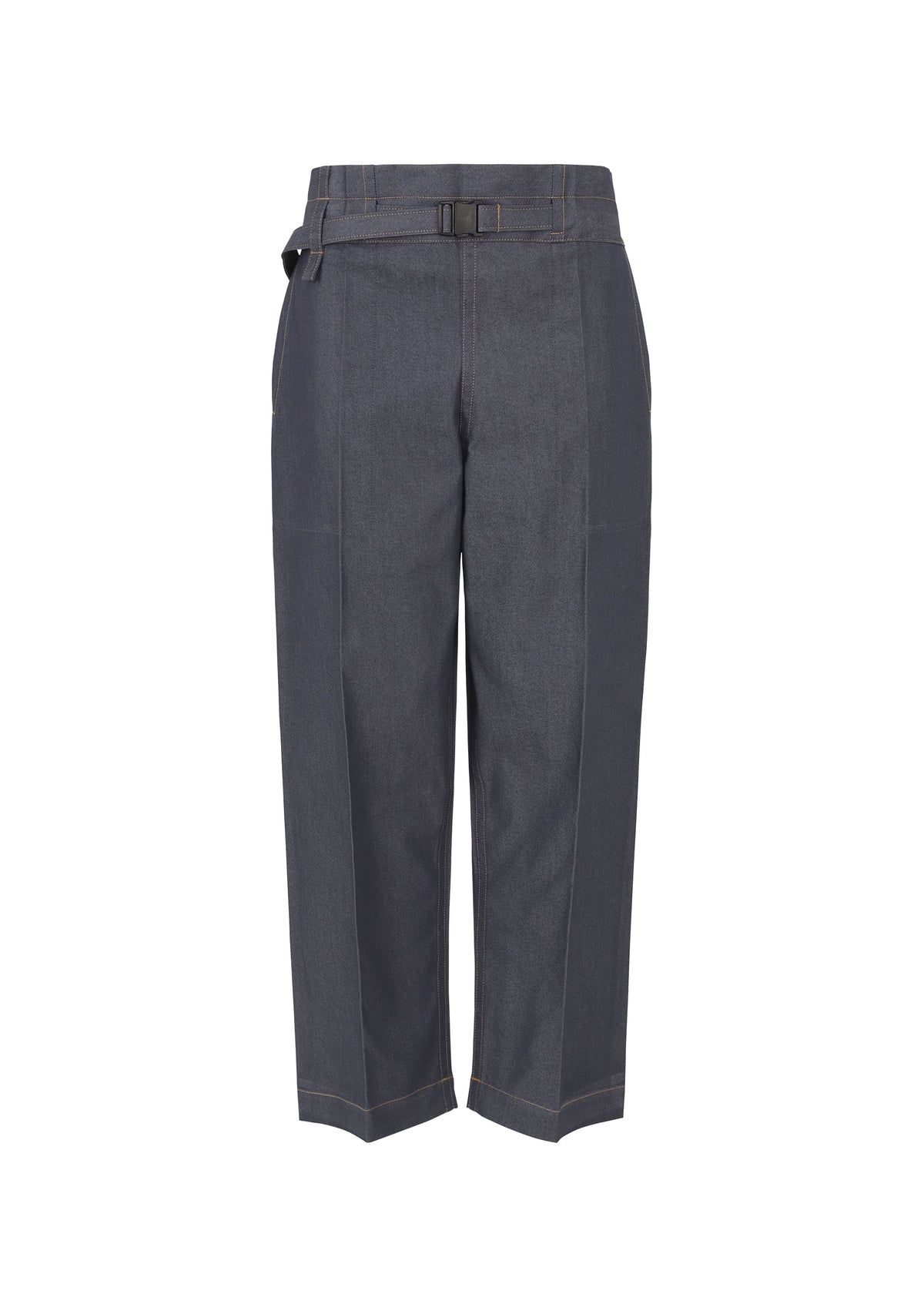 The FLAT DENIM by me ISSEY MIYAKE features high-waisted, straight-leg pants in dark gray recycled polyester denim with visible stitching, side pockets, and an adjustable waistband buckle. Shown on a plain white background. view 1 of 5