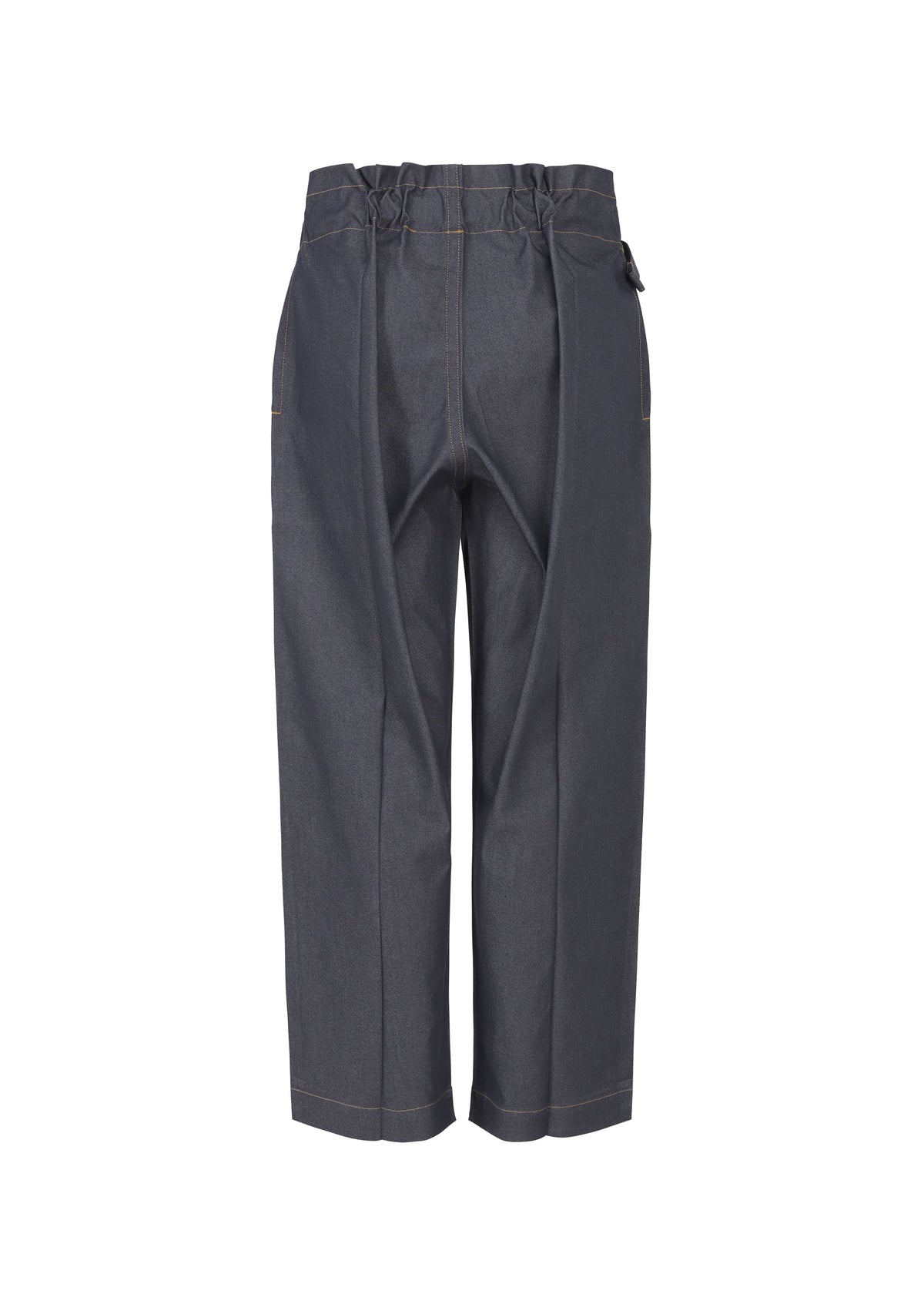 The FLAT DENIM by me ISSEY MIYAKE features dark gray, high-waisted, wide-leg straight pants with an elastic waistband and visible stitching, made from recycled polyester denim and shown from the back on a white background. view 2 of 5