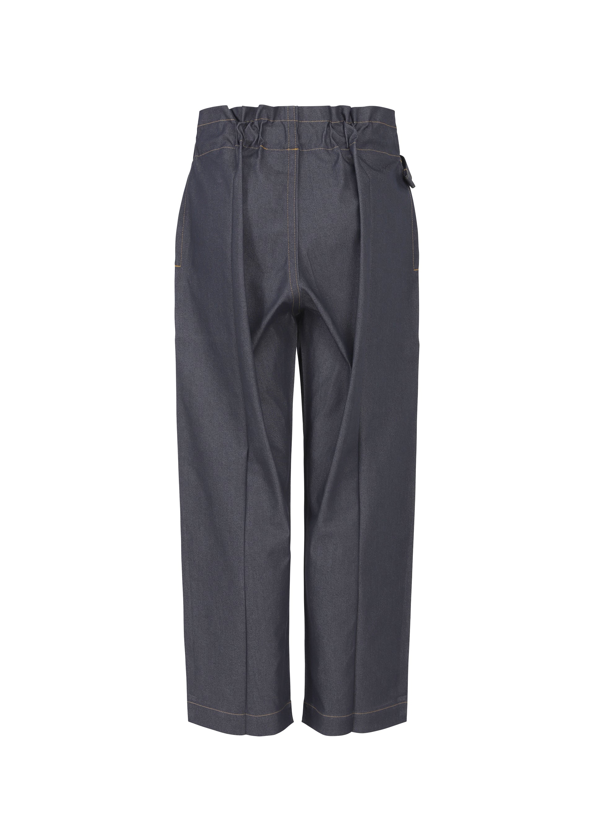 Zoomed view The FLAT DENIM by me ISSEY MIYAKE features dark gray, high-waisted, wide-leg straight pants with an elastic waistband and visible stitching, made from recycled polyester denim and shown from the back on a white background.