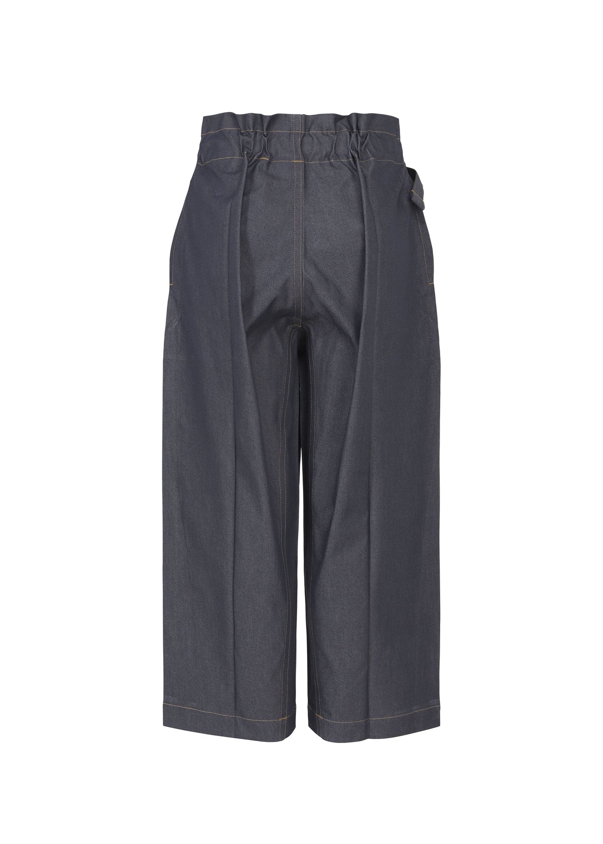 The FLAT DENIM pants by me ISSEY MIYAKE are dark wide-leg trousers in recycled polyester denim with a high, ruffled elastic waistband and front seams, shown against a plain white background. view 2 of 5
