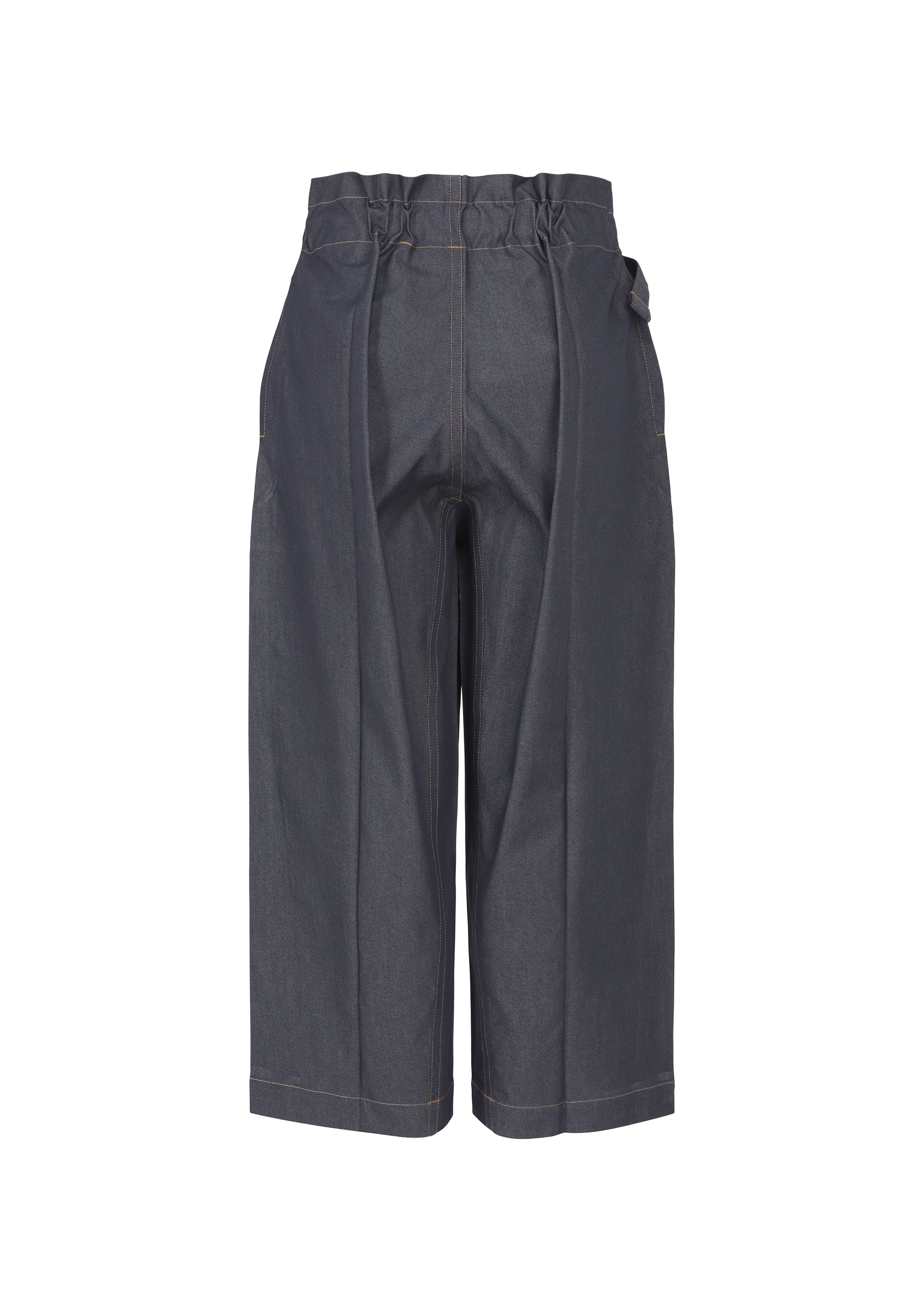 Zoomed view The FLAT DENIM pants by me ISSEY MIYAKE are dark wide-leg trousers in recycled polyester denim with a high, ruffled elastic waistband and front seams, shown against a plain white background.