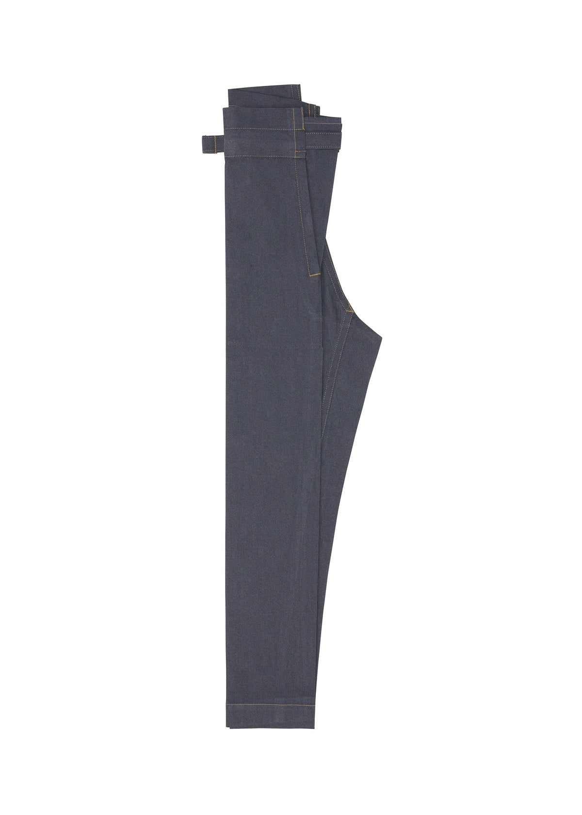 A pair of FLAT DENIM wide-leg jeans by me ISSEY MIYAKE in dark blue, folded neatly in half and displayed against a white background. view 3 of 5