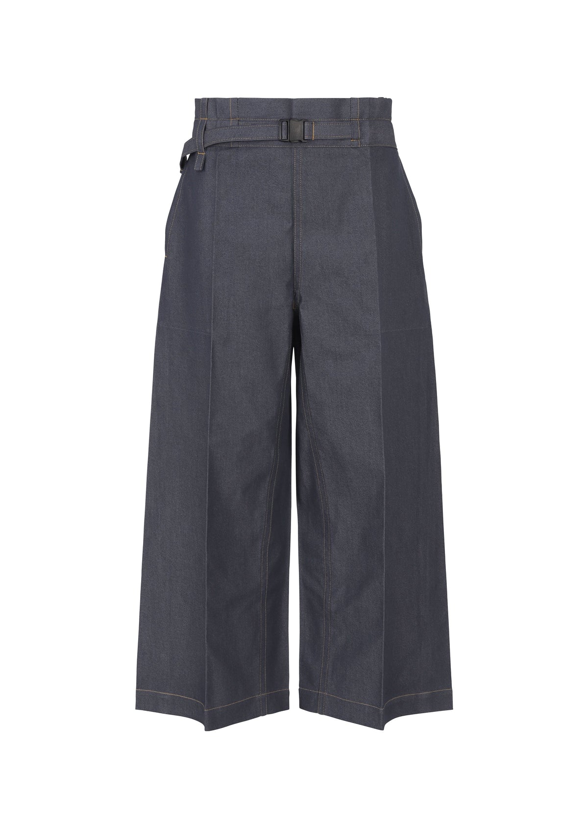 The FLAT DENIM pants by me ISSEY MIYAKE are high-rise, wide-leg cropped trousers crafted from recycled polyester with front seams, side pockets, and an adjustable waist belt. Their structured silhouette mimics authentic denim texture. view 1 of 5