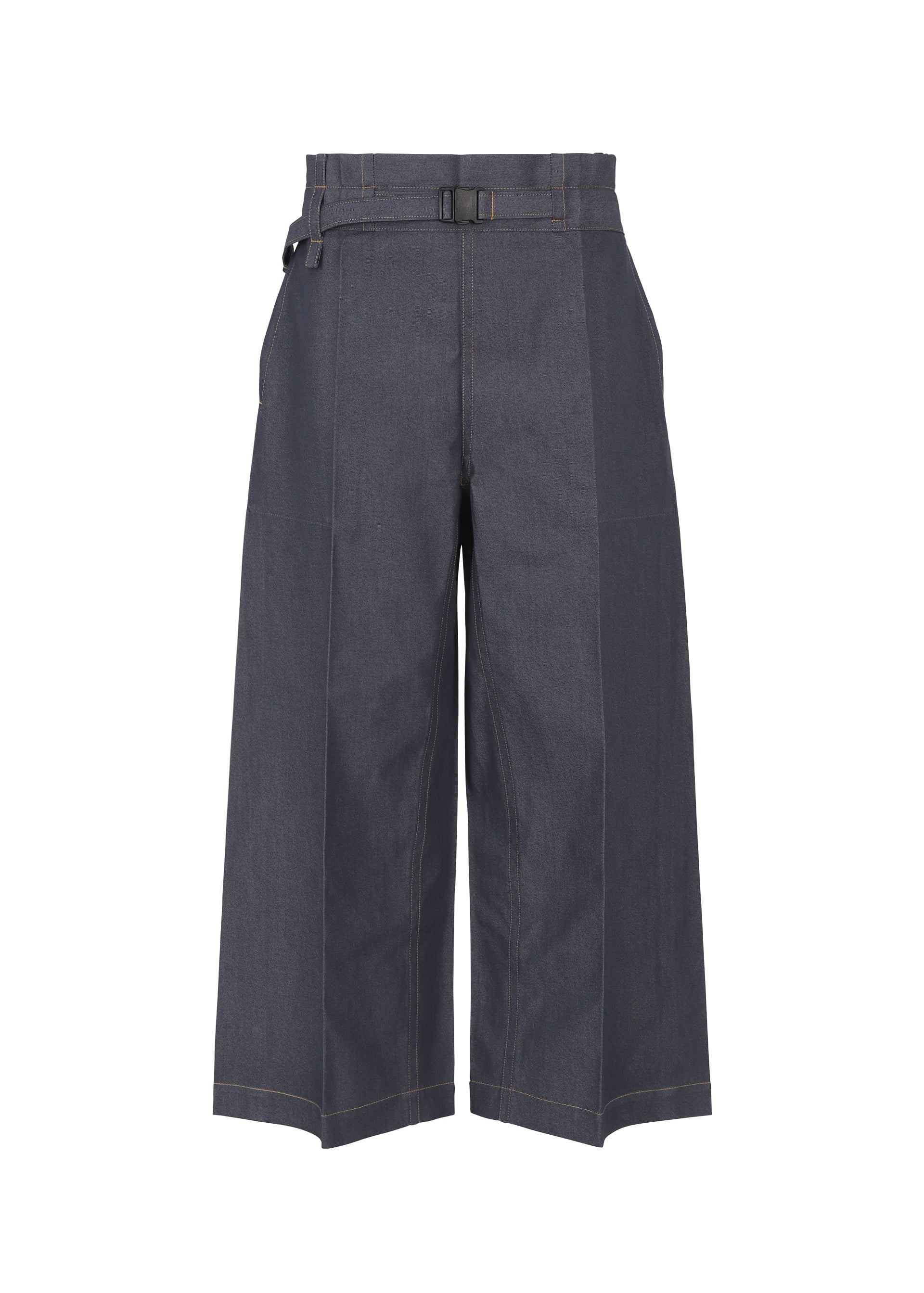 Zoomed view The FLAT DENIM pants by me ISSEY MIYAKE are high-rise, wide-leg cropped trousers crafted from recycled polyester with front seams, side pockets, and an adjustable waist belt. Their structured silhouette mimics authentic denim texture. - INDIGO （no.76）
