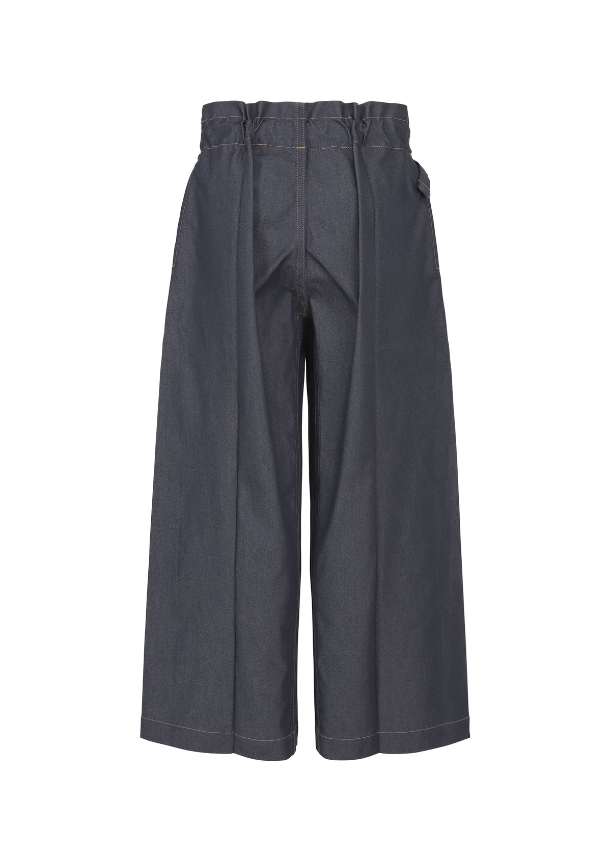The FLAT DENIM pants by me ISSEY MIYAKE feature a wide-leg, high-waisted design in dark recycled polyester denim with an elastic waistband and visible center seams, shown from the back on a plain white background. view 2 of 5