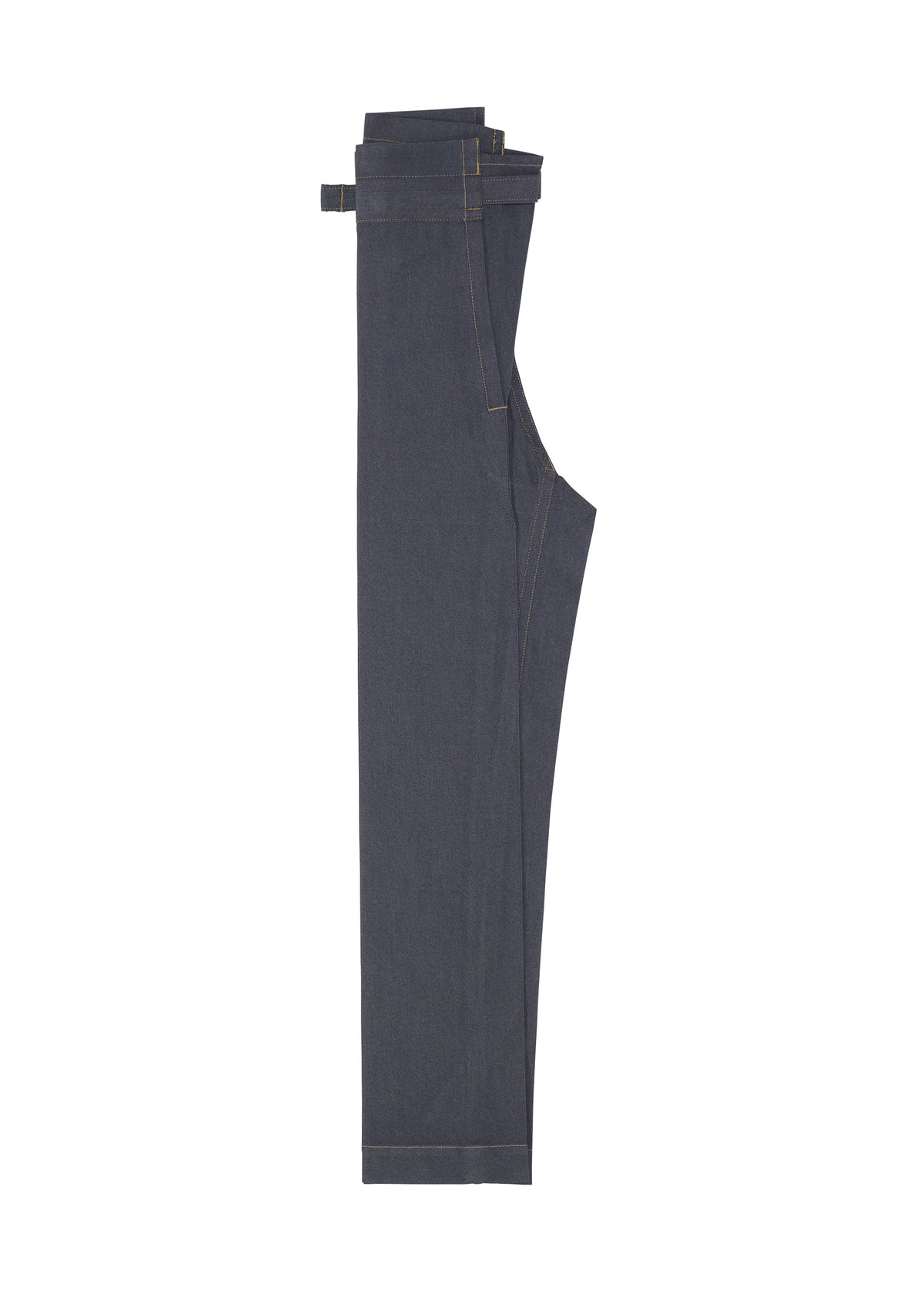 The FLAT DENIM wide pants by me ISSEY MIYAKE, made from dark blue recycled polyester denim, are neatly folded in half and displayed on a plain white background, highlighting their realistic denim texture. view 3 of 5