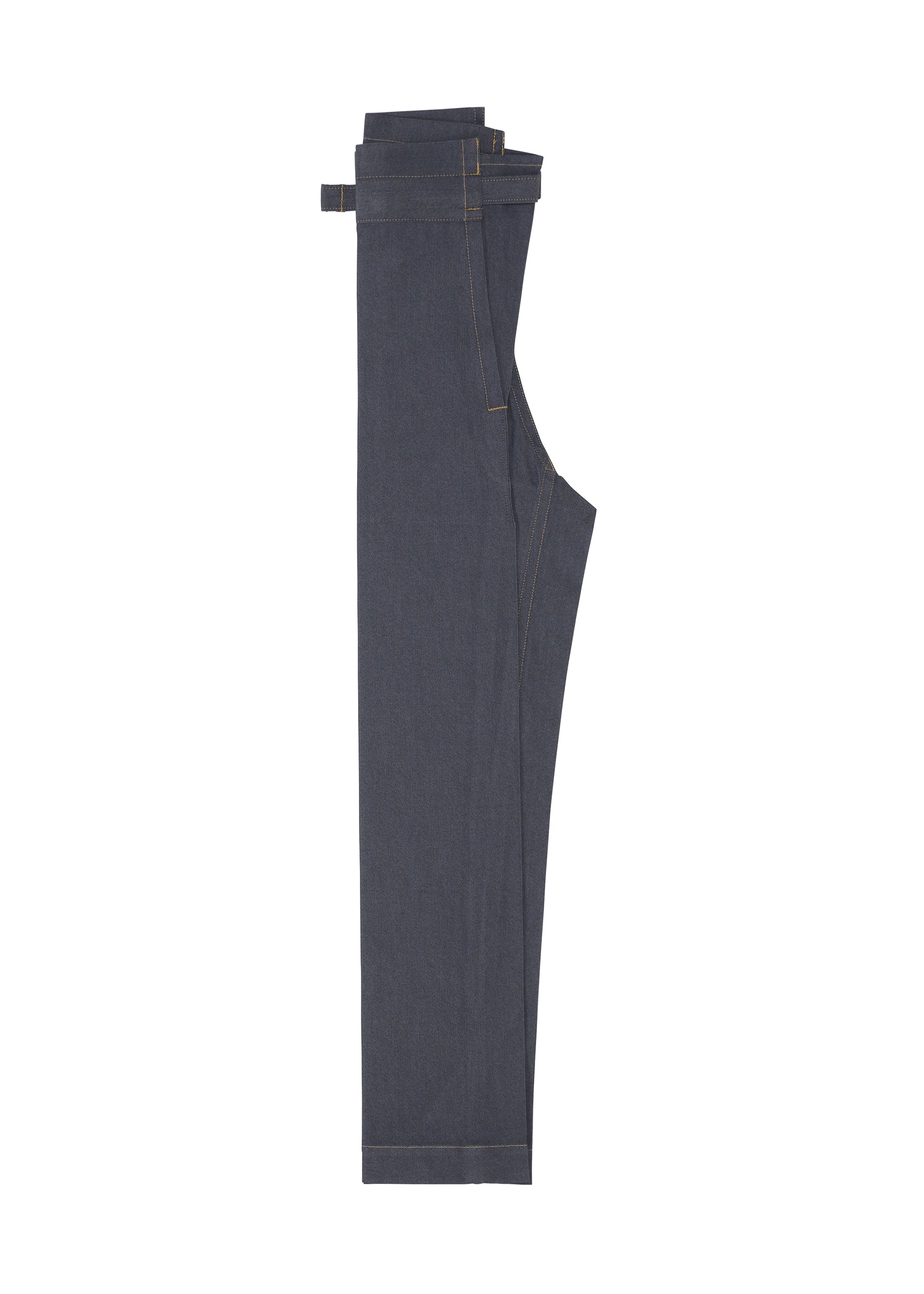 Zoomed view The FLAT DENIM wide pants by me ISSEY MIYAKE, made from dark blue recycled polyester denim, are neatly folded in half and displayed on a plain white background, highlighting their realistic denim texture.