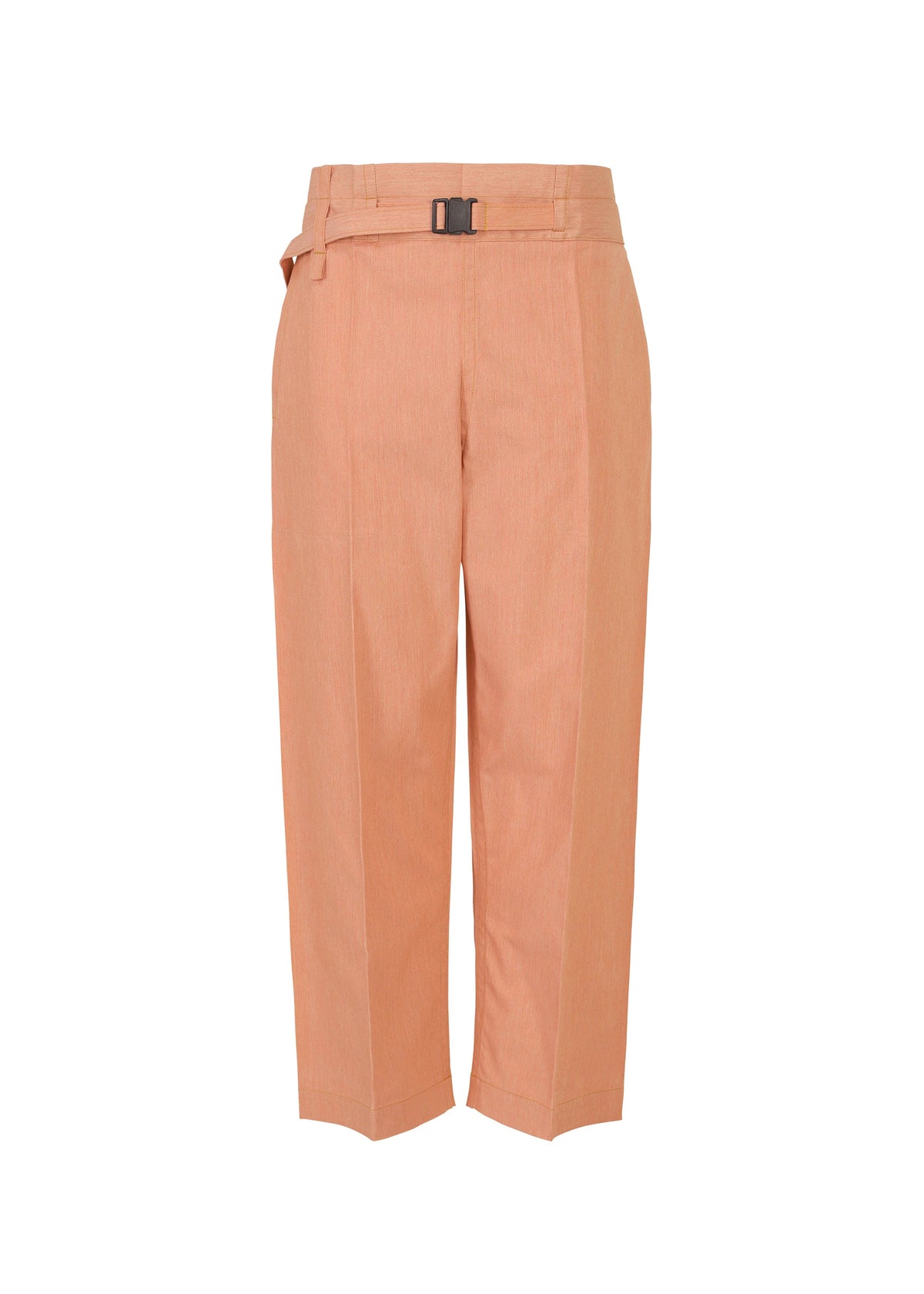 The FLAT DENIM SEASONAL by me ISSEY MIYAKE are salmon pink high-waisted straight pants with a front buckle belt and pleated details, made from recycled polyester denim, shown against a white background. view 1 of 5
