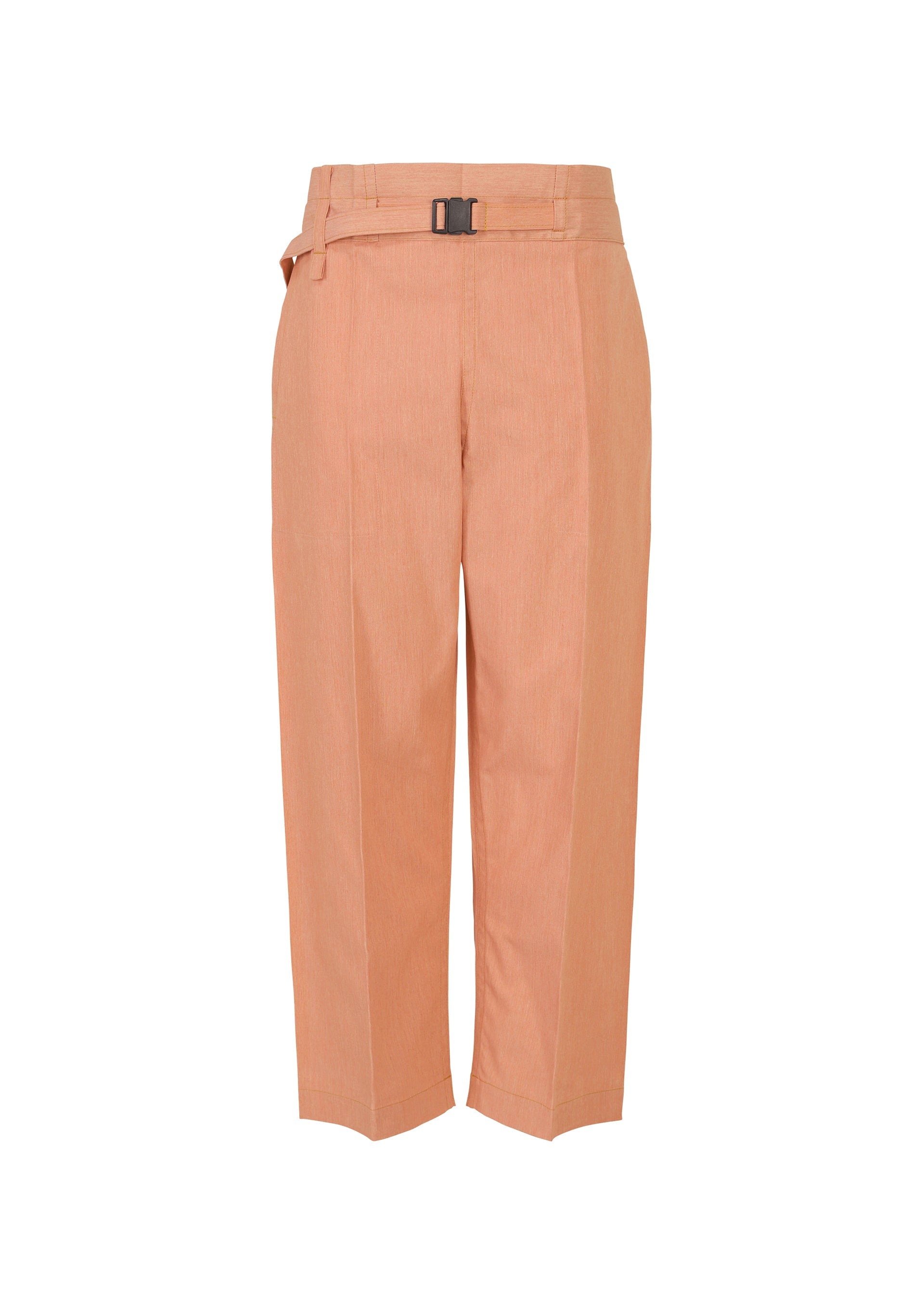 Zoomed view The FLAT DENIM SEASONAL by me ISSEY MIYAKE are salmon pink high-waisted straight pants with a front buckle belt and pleated details, made from recycled polyester denim, shown against a white background. - SALMON PINK （no.31）