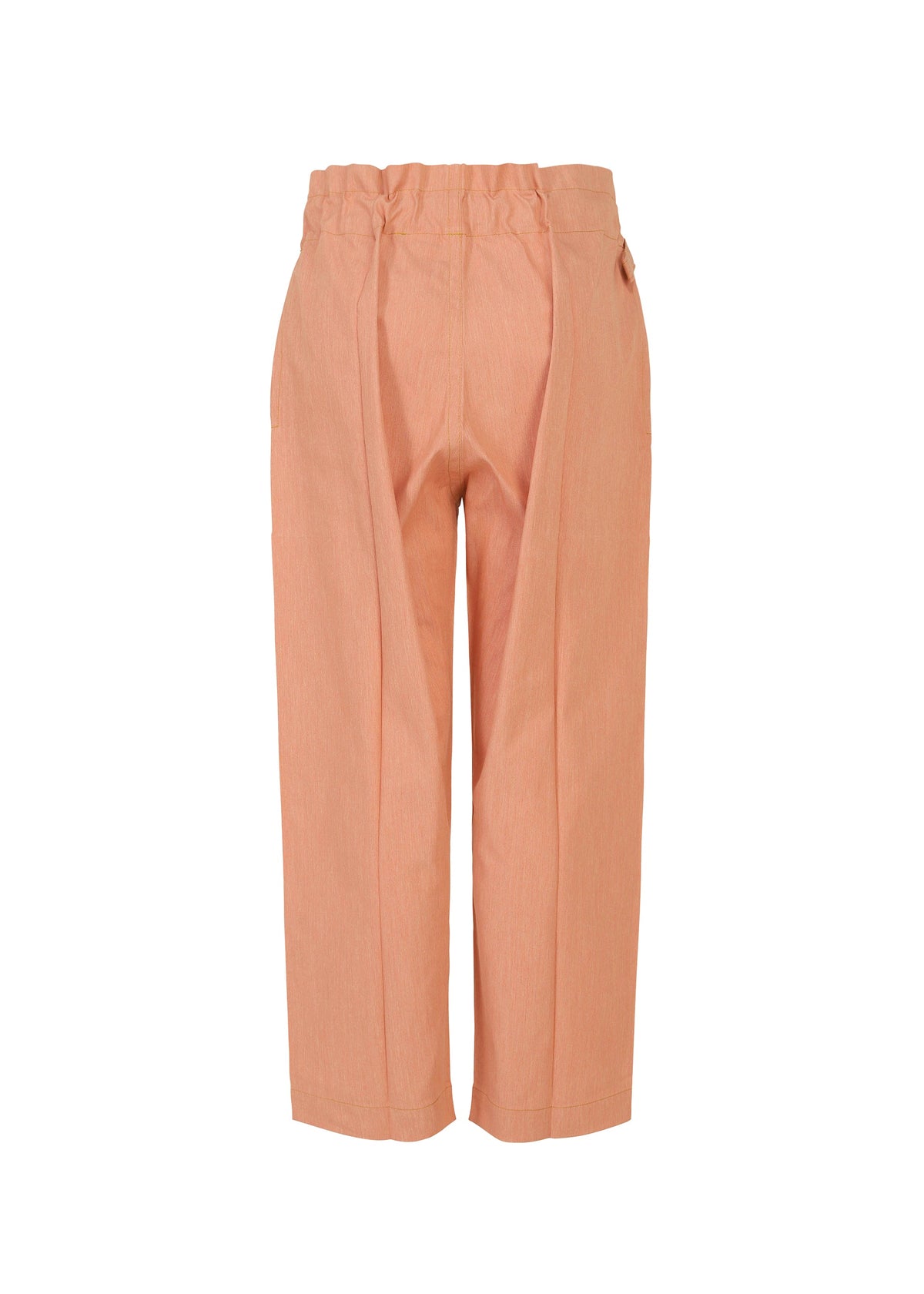 The FLAT DENIM SEASONAL pants by me ISSEY MIYAKE are high-waisted, ankle-length, loose-fit straight pants in salmon pink recycled polyester denim with visible seam details, shown against a white background. view 2 of 5