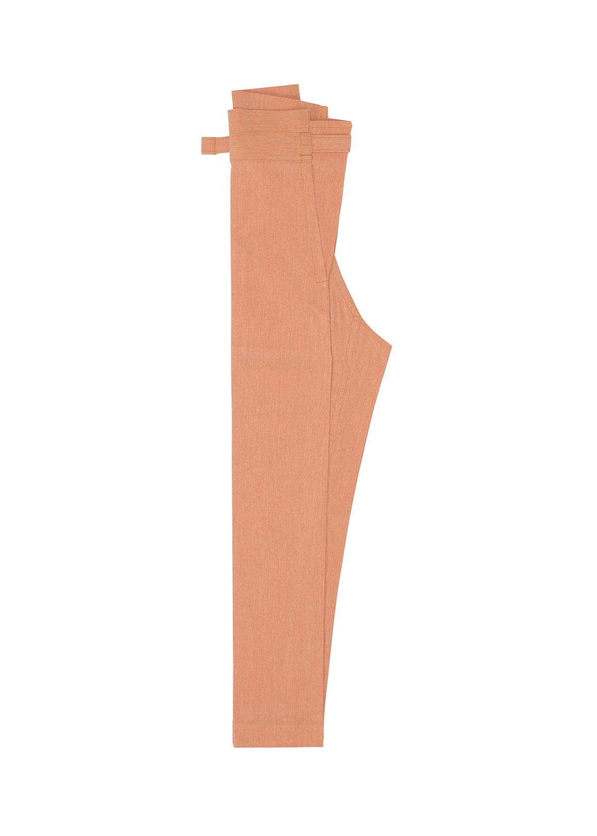 The FLAT DENIM SEASONAL wide pants by me ISSEY MIYAKE are neatly folded in half on a white background, displaying the waistband and pockets. view 3 of 5