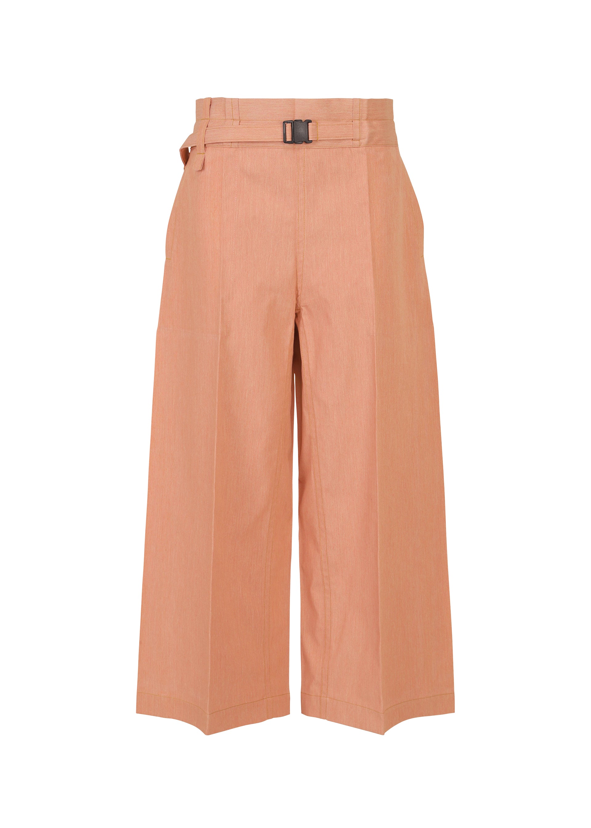 Zoomed view The FLAT DENIM SEASONAL pants by me ISSEY MIYAKE are high-waisted, wide-leg cropped trousers in soft salmon pink recycled polyester denim, featuring a matching belt with a rectangular metal buckle and visible front seams. - SALMON PINK （no.31）