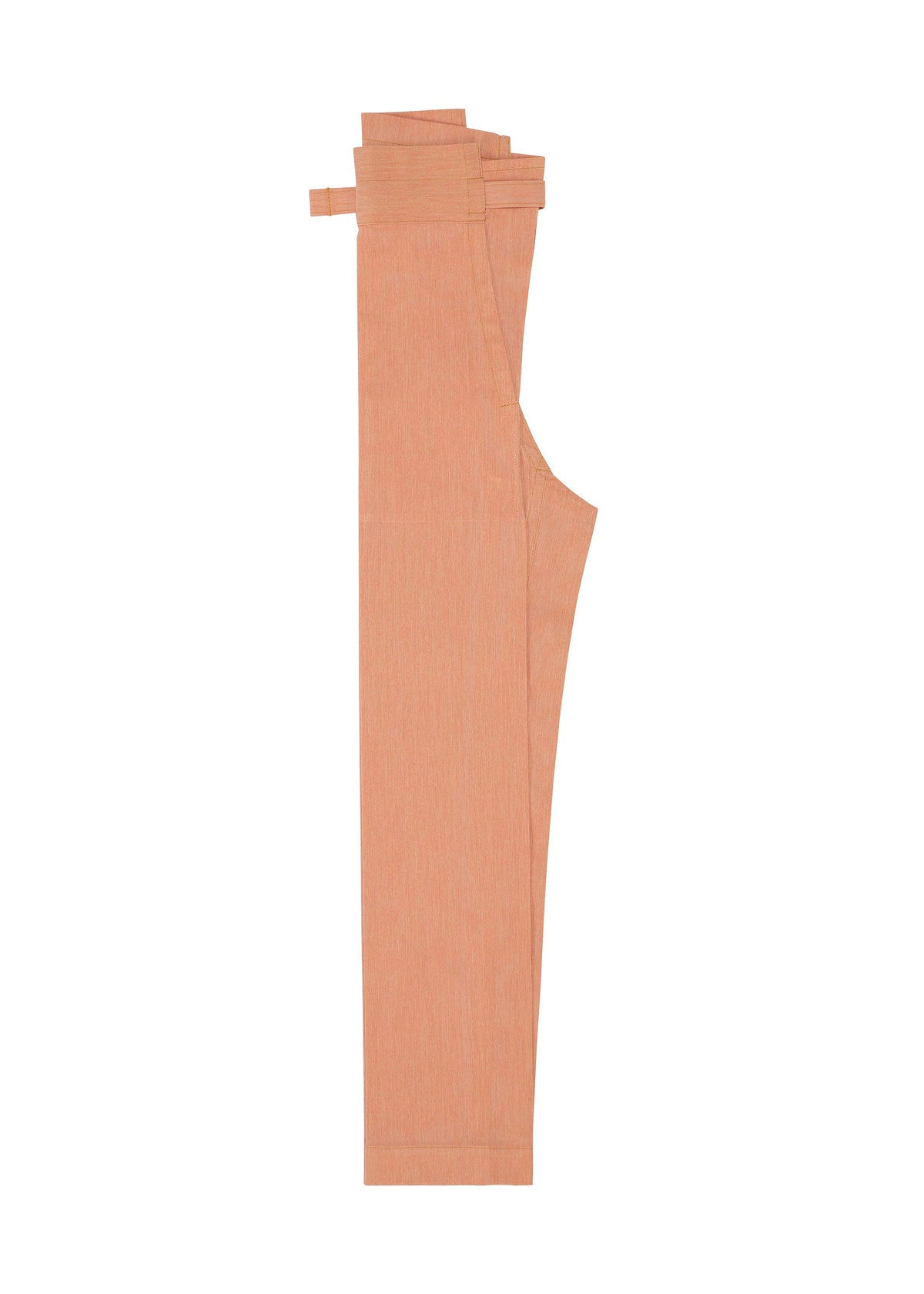 A pair of FLAT DENIM SEASONAL wide pants by me ISSEY MIYAKE in light brown, neatly folded in half lengthwise and laid flat on a white background, with the waistband and tabs visible at the top. view 3 of 5
