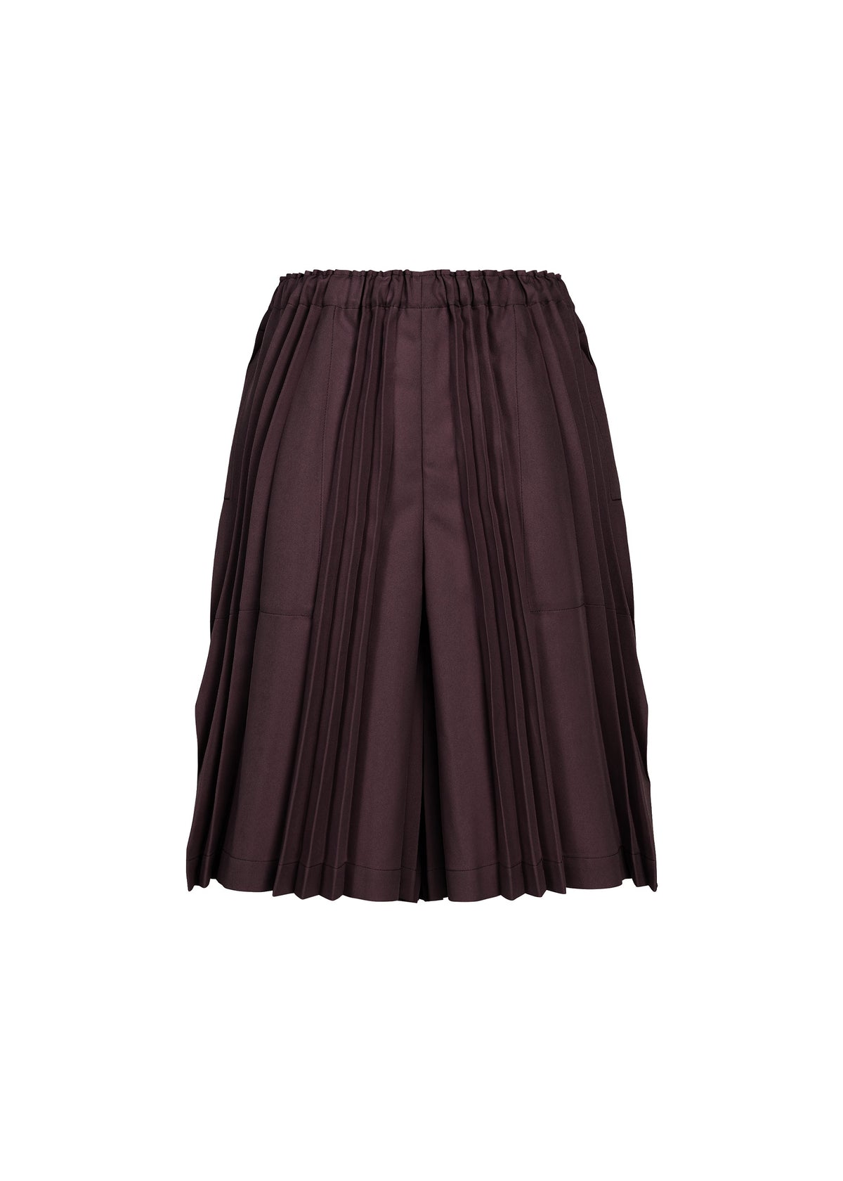TOWER PLEATS BOTTOM by me ISSEY MIYAKE: Dark brown women’s shorts with an elastic waistband, displayed against a white background. These handmade shorts feature structured vertical accordion pleats for a tailored yet relaxed look. view 3 of 7