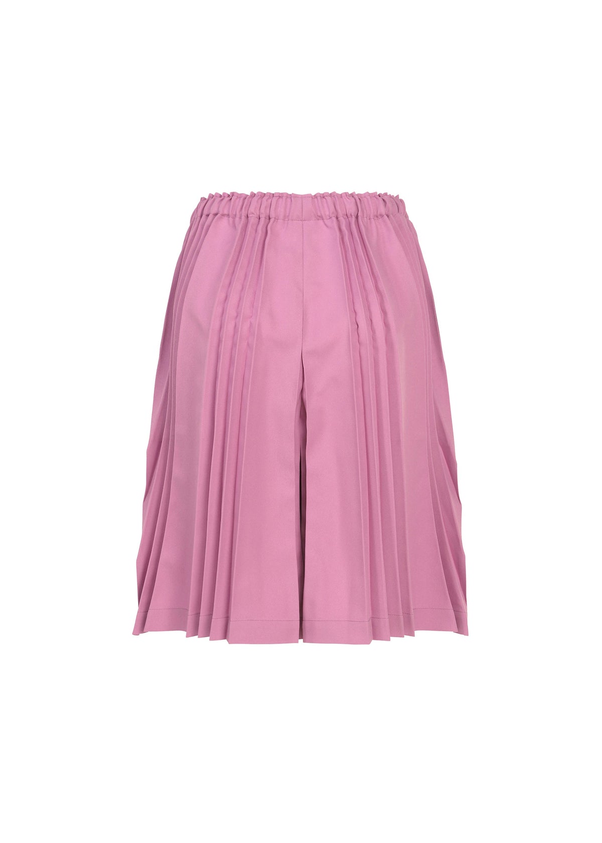 The TOWER PLEATS BOTTOM by me ISSEY MIYAKE is a pair of handmade women’s shorts featuring pink accordion pleats, a knee-length cut, and an elastic waistband, shown on a plain white background. view 4 of 7