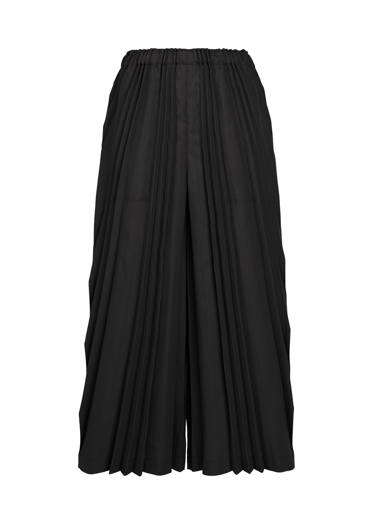 The TOWER PLEATS BOTTOM by me ISSEY MIYAKE are wide-leg black pants with handmade pleating and an elastic waistband, displayed against a white background. view 1 of 7