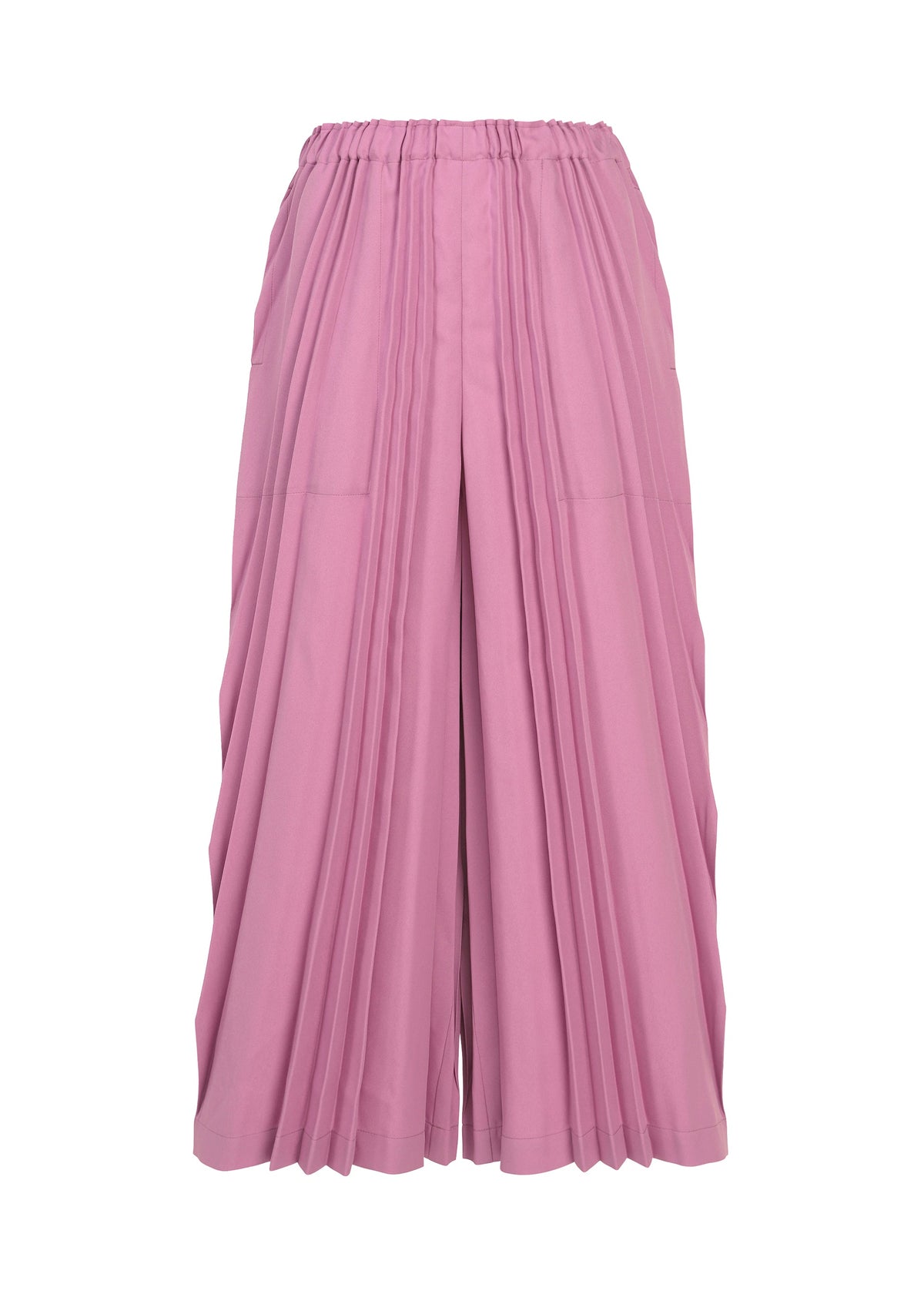 A pair of TOWER PLEATS BOTTOM wide-legged, high-waisted pink culottes by me ISSEY MIYAKE, featuring accordion-style pleats and an elastic waistband, displayed against a white background. view 2 of 7