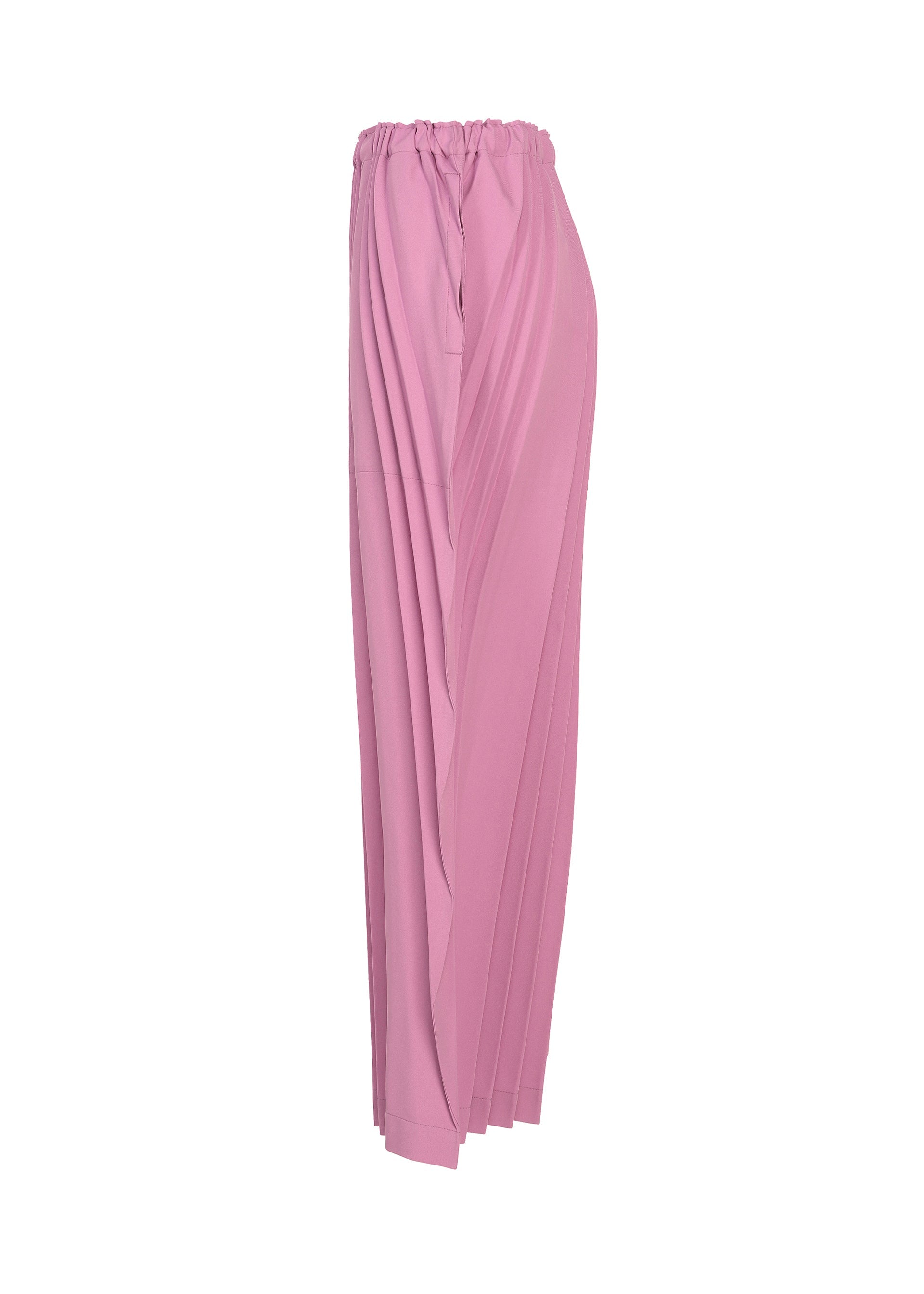 Zoomed view TOWER PLEATS BOTTOM by me ISSEY MIYAKE—pink high-waisted wide pants featuring accordion-style pleats and an elastic waistband, shown against a white background.