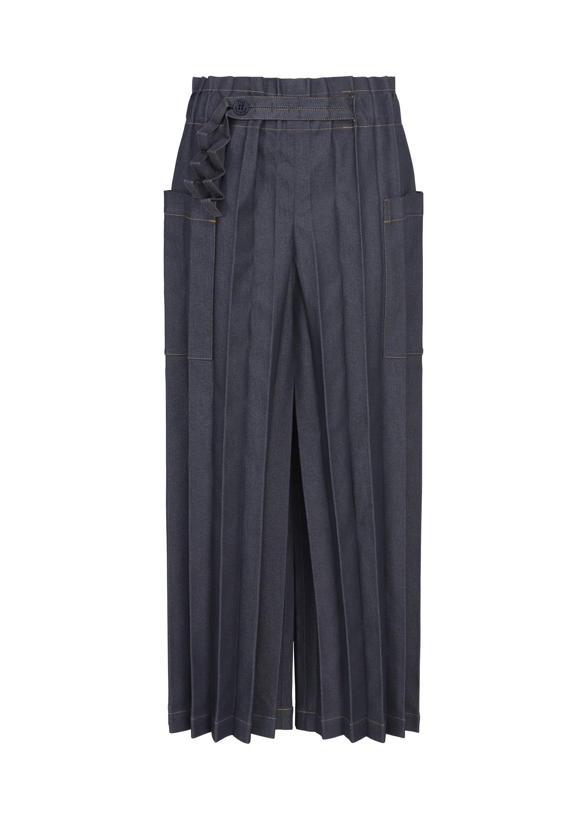 DENIM PLEATS BOTTOM by me ISSEY MIYAKE—dark gray, wide-leg trousers crafted from recycled polyester, featuring hand-pleated detailing, large side pockets, and a decorative belt at the waist, shown against a white background. view 2 of 6