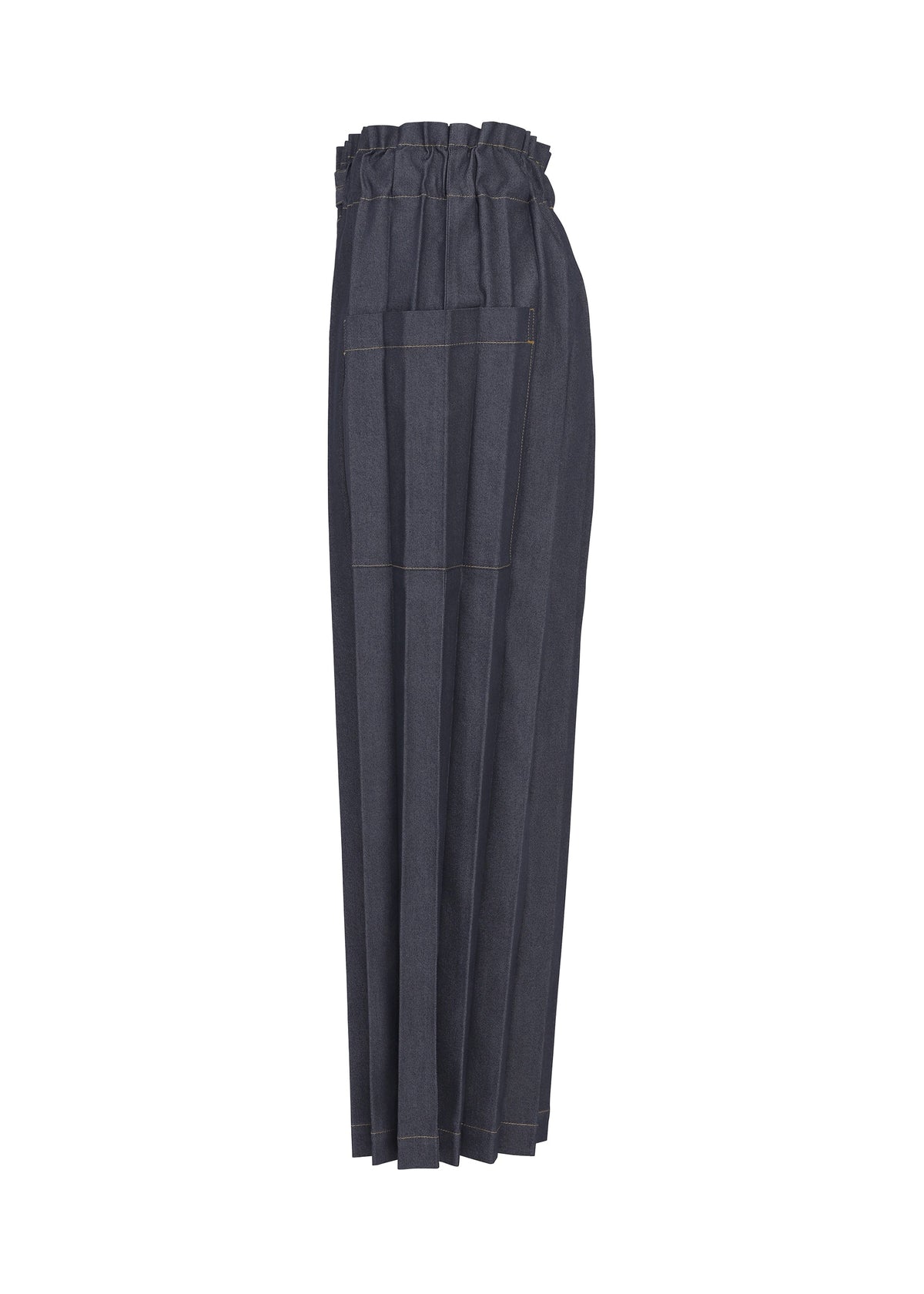 The DENIM PLEATS BOTTOM by me ISSEY MIYAKE are high-waisted, wide-leg dark denim pants made from recycled polyester, featuring a paperbag waistband, hand pleated detailing, and visible stitching, shown against a plain white background. view 4 of 6
