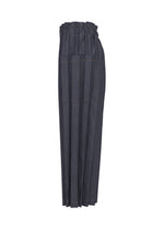 The DENIM PLEATS BOTTOM by me ISSEY MIYAKE are high-waisted, wide-leg dark denim pants made from recycled polyester, featuring a paperbag waistband, hand pleated detailing, and visible stitching, shown against a plain white background.