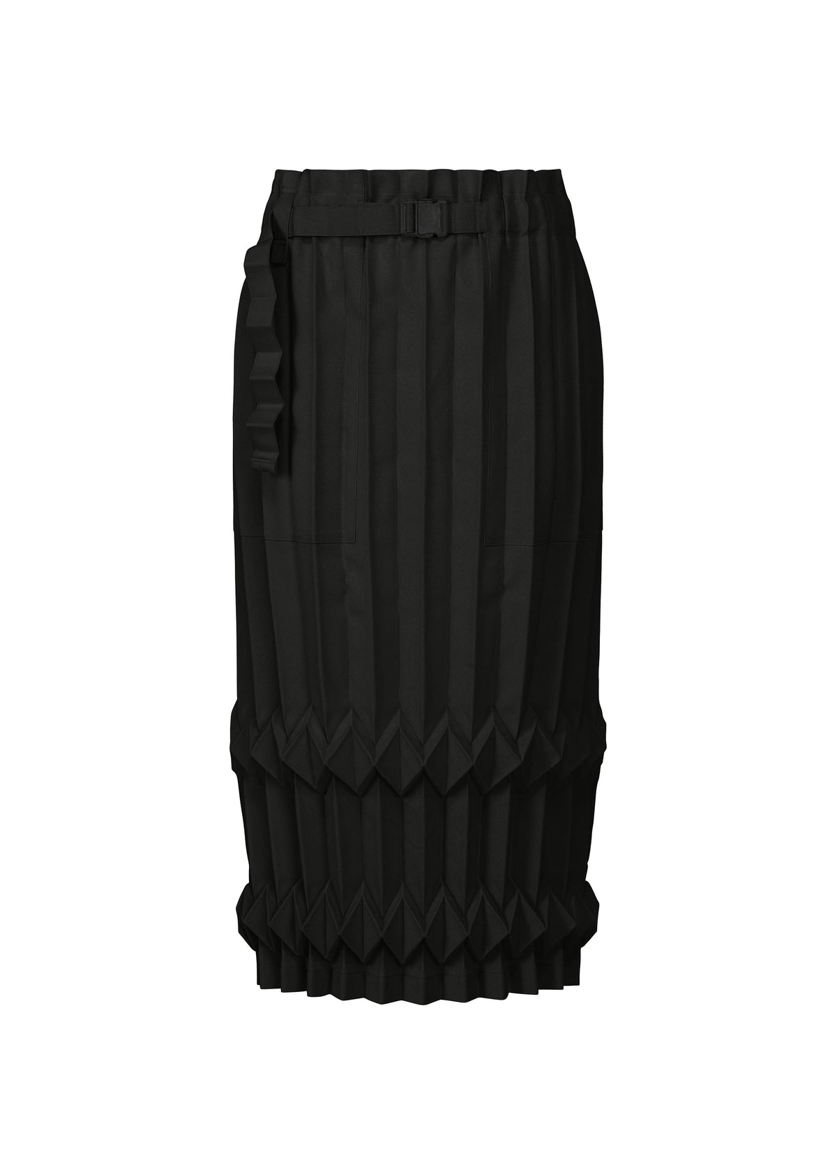 The TREE PLEATS skirt by me ISSEY MIYAKE is a knee-length black hand-pleated skirt with vertical pleats and geometric zig-zag details near the hem, featuring a subtle 3D pattern, shown on a plain white background. view 1 of 8