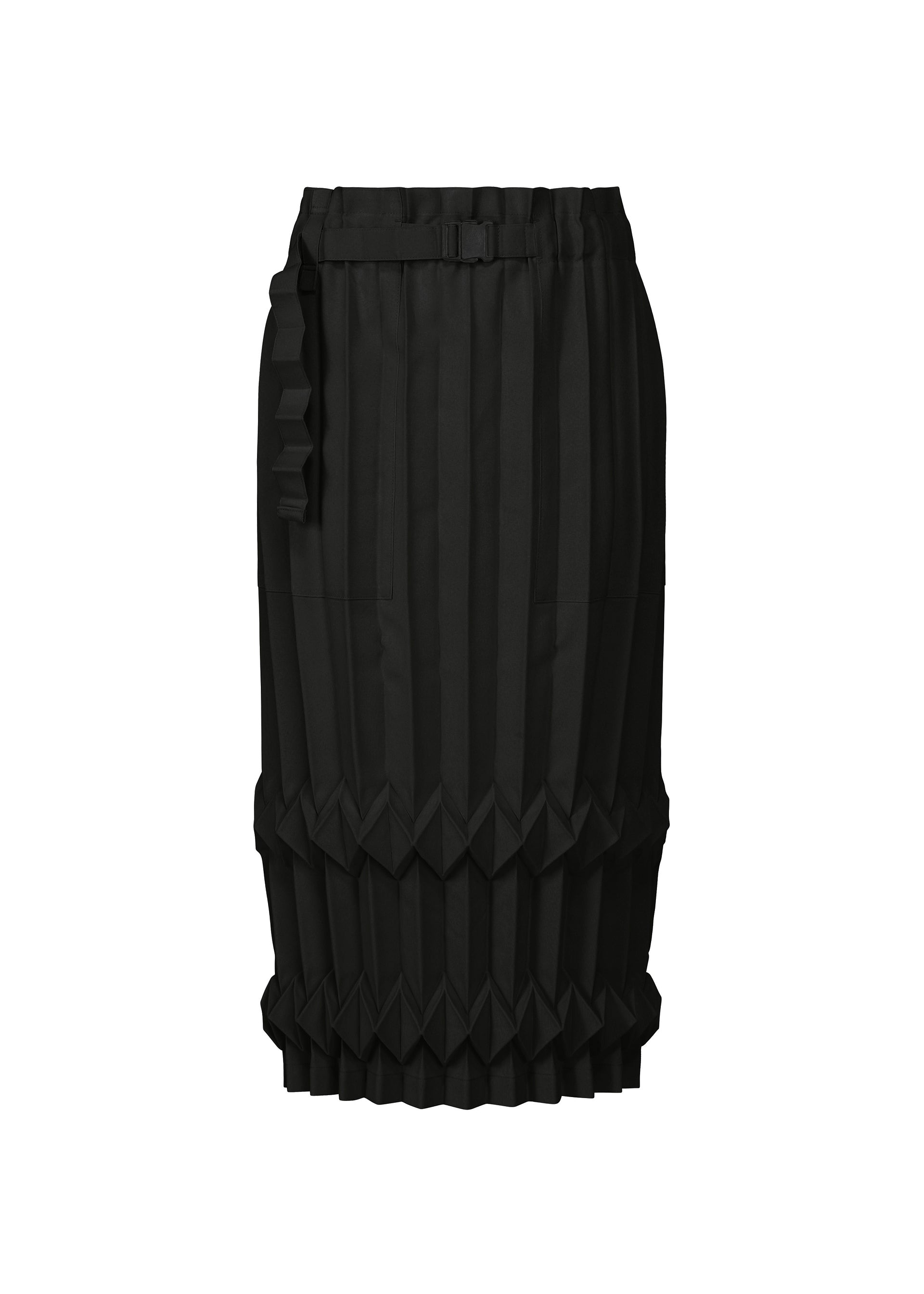 Zoomed view The TREE PLEATS skirt by me ISSEY MIYAKE is a knee-length black hand-pleated skirt with vertical pleats and geometric zig-zag details near the hem, featuring a subtle 3D pattern, shown on a plain white background. - BLACK （no.15）