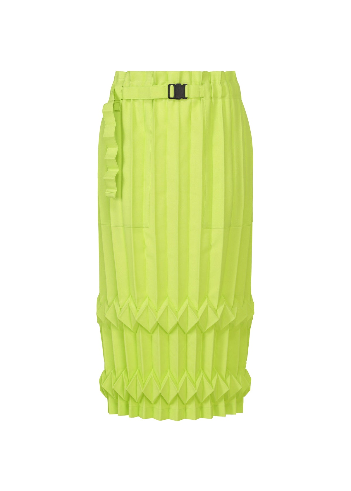 The TREE PLEATS skirt by me ISSEY MIYAKE features bright yellow-green hand pleats, a black-buckled waistband, and geometric folded details near the hem and side for a striking three-dimensional look. view 2 of 8