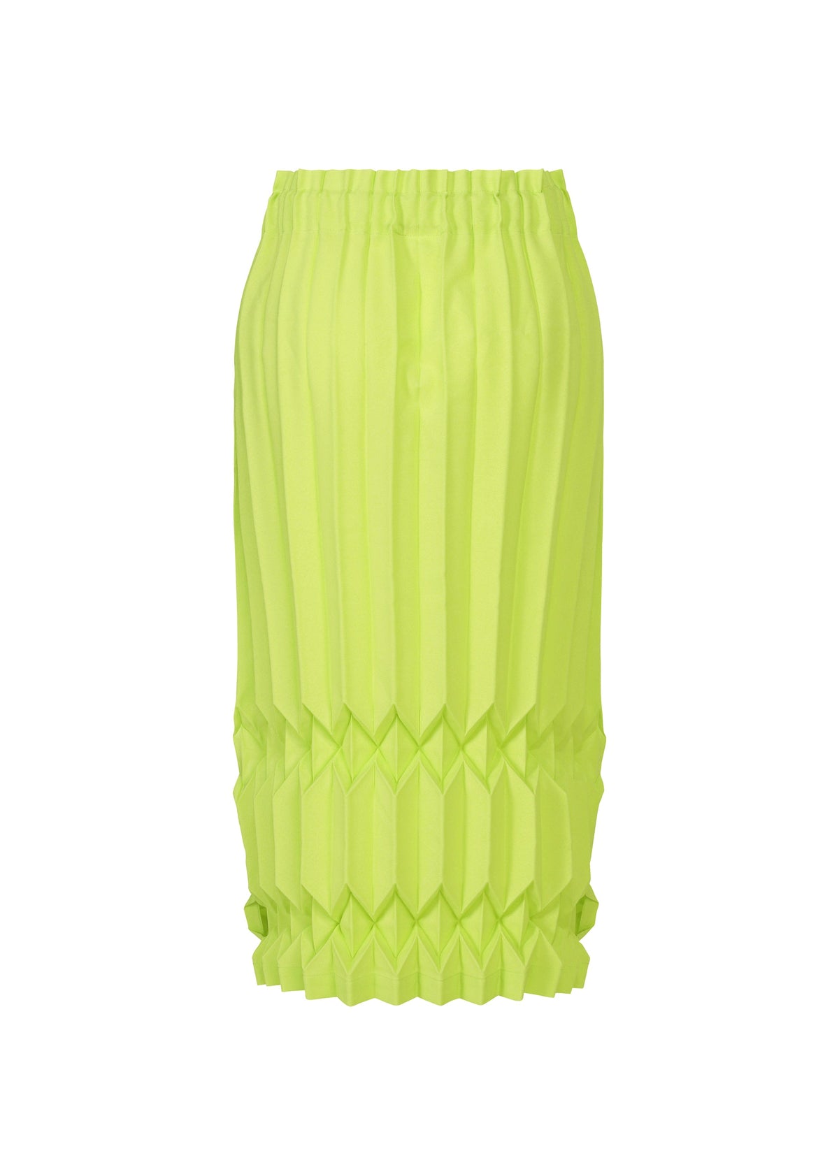 The TREE PLEATS skirt by me ISSEY MIYAKE is neon yellow-green with an elastic waistband, featuring vertical pleats on top and geometric 3D pattern folds at the bottom. view 4 of 8