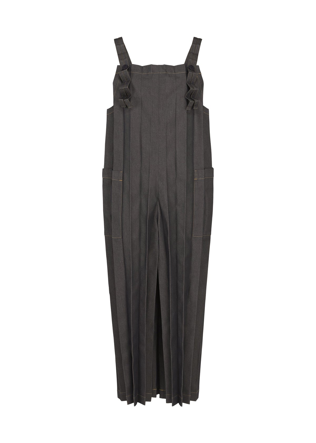 Introducing the DENIM PLEATS BOTTOM by me ISSEY MIYAKE: gray, wide-legged salopettes featuring vertical hand pleating, thick shoulder straps, and side pockets. Crafted from recycled polyester denim for a structured, modern feel, the minimalist and tailored design showcases the brand’s signature aesthetic. view 1 of 6