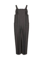 Introducing the DENIM PLEATS BOTTOM by me ISSEY MIYAKE: gray, wide-legged salopettes featuring vertical hand pleating, thick shoulder straps, and side pockets. Crafted from recycled polyester denim for a structured, modern feel, the minimalist and tailored design showcases the brand’s signature aesthetic. - BLACK （no.15）