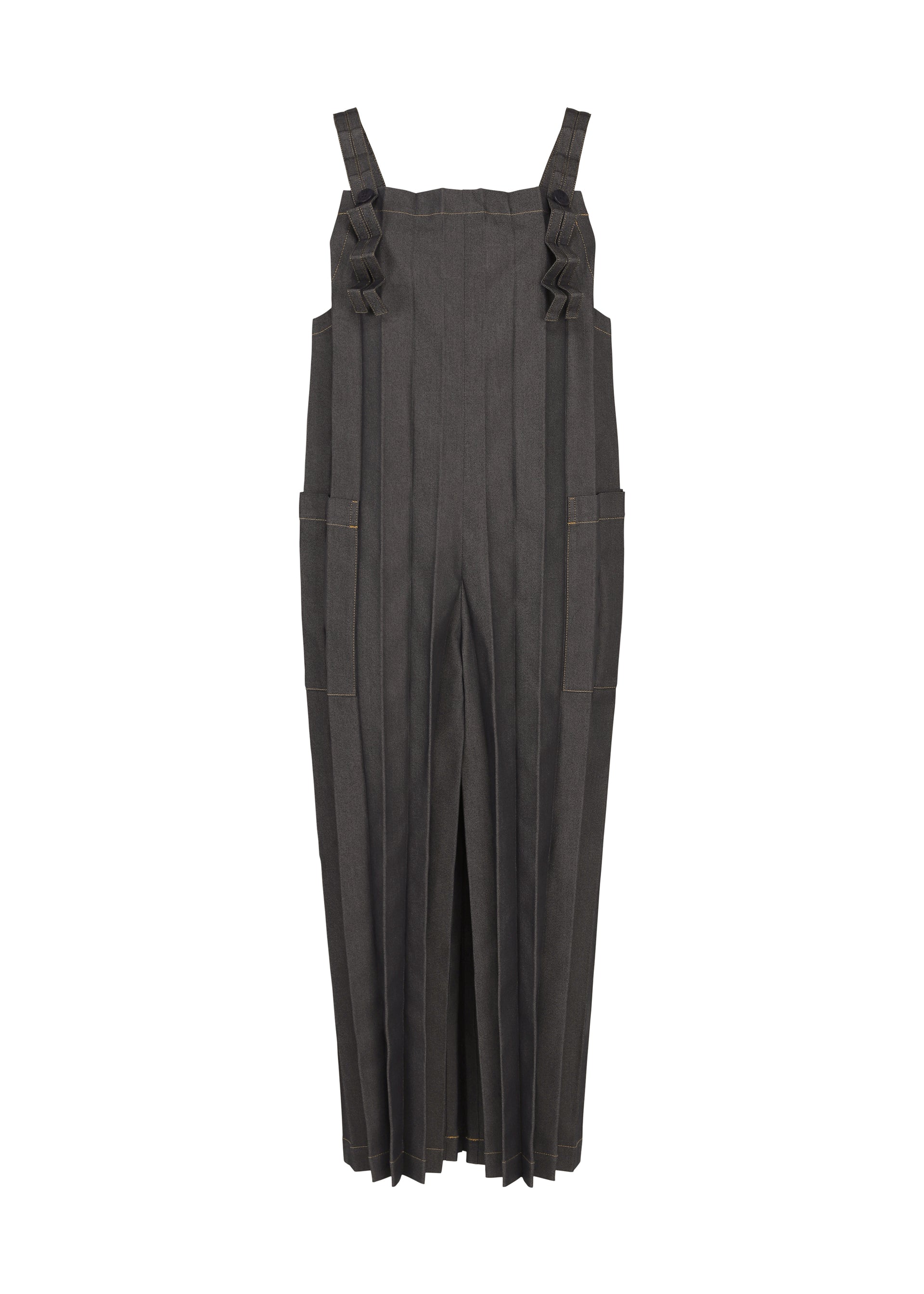 Zoomed view Introducing the DENIM PLEATS BOTTOM by me ISSEY MIYAKE: gray, wide-legged salopettes featuring vertical hand pleating, thick shoulder straps, and side pockets. Crafted from recycled polyester denim for a structured, modern feel, the minimalist and tailored design showcases the brand’s signature aesthetic. - BLACK （no.15）