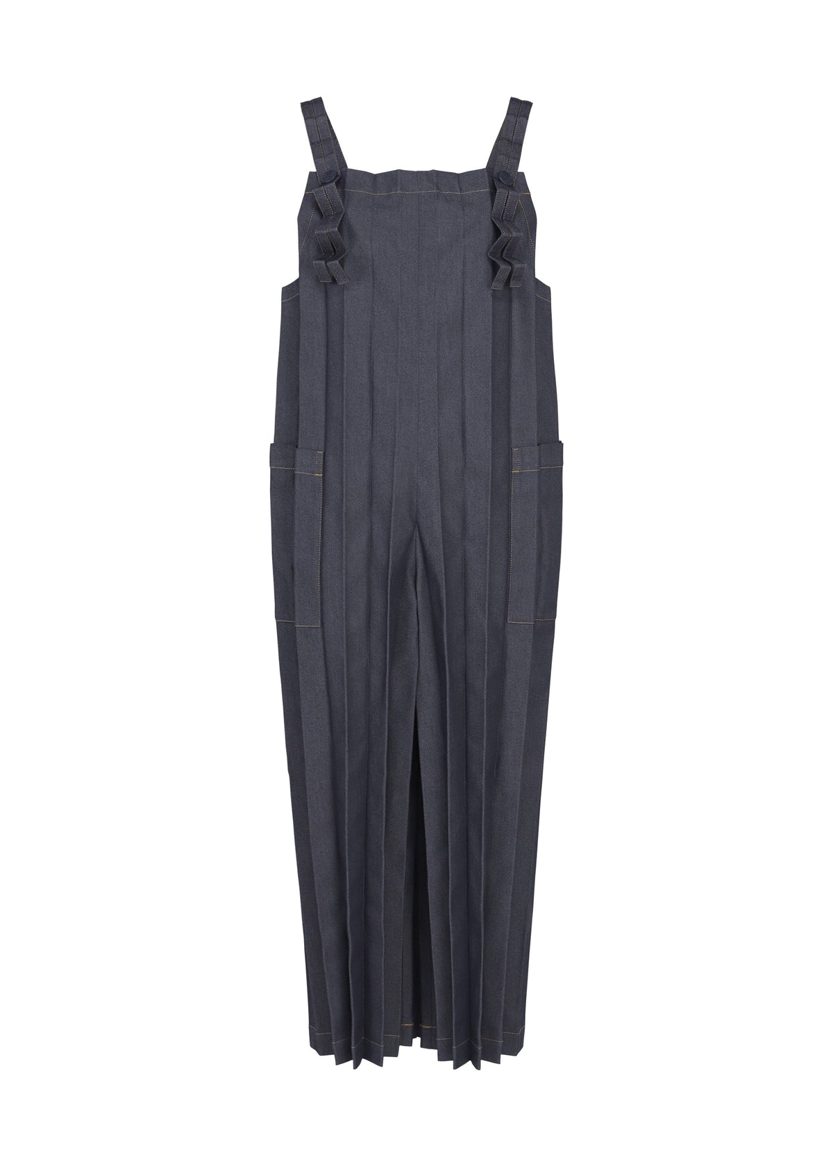 Here’s a rewritten version of the sentence, incorporating your product data: The DENIM PLEATS BOTTOM by me ISSEY MIYAKE features wide-leg, dark gray overalls with straight cuts and ruffle-accented straps. Expertly crafted from recycled polyester denim with hand pleating, these structured salopettes are finished with side pockets for a modern look. view 2 of 6