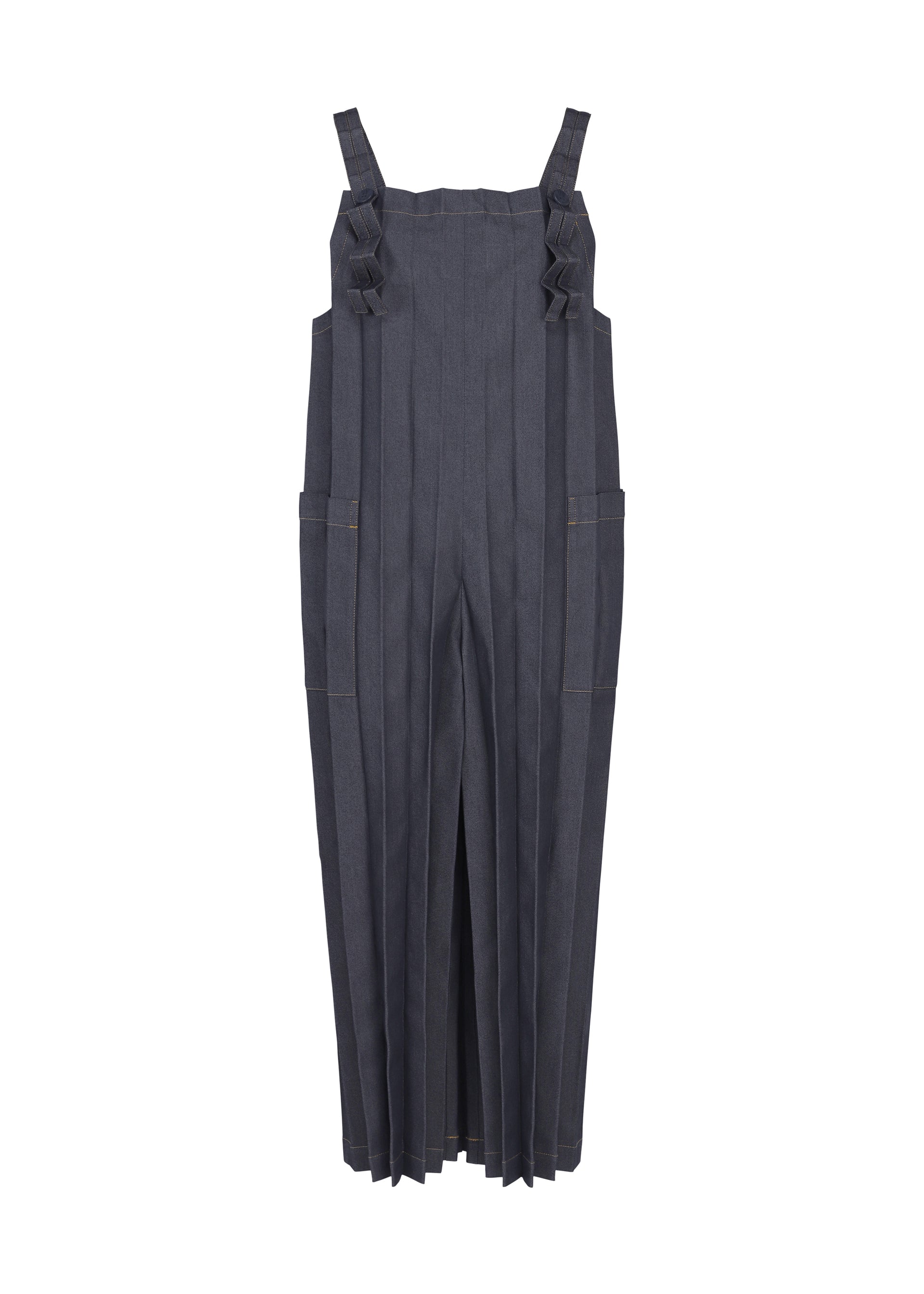 Zoomed view Here’s a rewritten version of the sentence, incorporating your product data: The DENIM PLEATS BOTTOM by me ISSEY MIYAKE features wide-leg, dark gray overalls with straight cuts and ruffle-accented straps. Expertly crafted from recycled polyester denim with hand pleating, these structured salopettes are finished with side pockets for a modern look. - INDIGO （no.76）