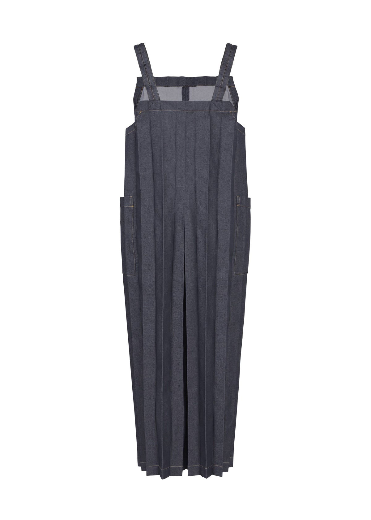 DENIM PLEATS BOTTOM by me ISSEY MIYAKE in dark gray, made from recycled polyester denim, features wide legs, side pockets, adjustable shoulder straps, and delicate hand pleating details. Shown against a plain white background. view 3 of 6