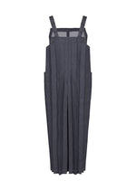 DENIM PLEATS BOTTOM by me ISSEY MIYAKE in dark gray, made from recycled polyester denim, features wide legs, side pockets, adjustable shoulder straps, and delicate hand pleating details. Shown against a plain white background.