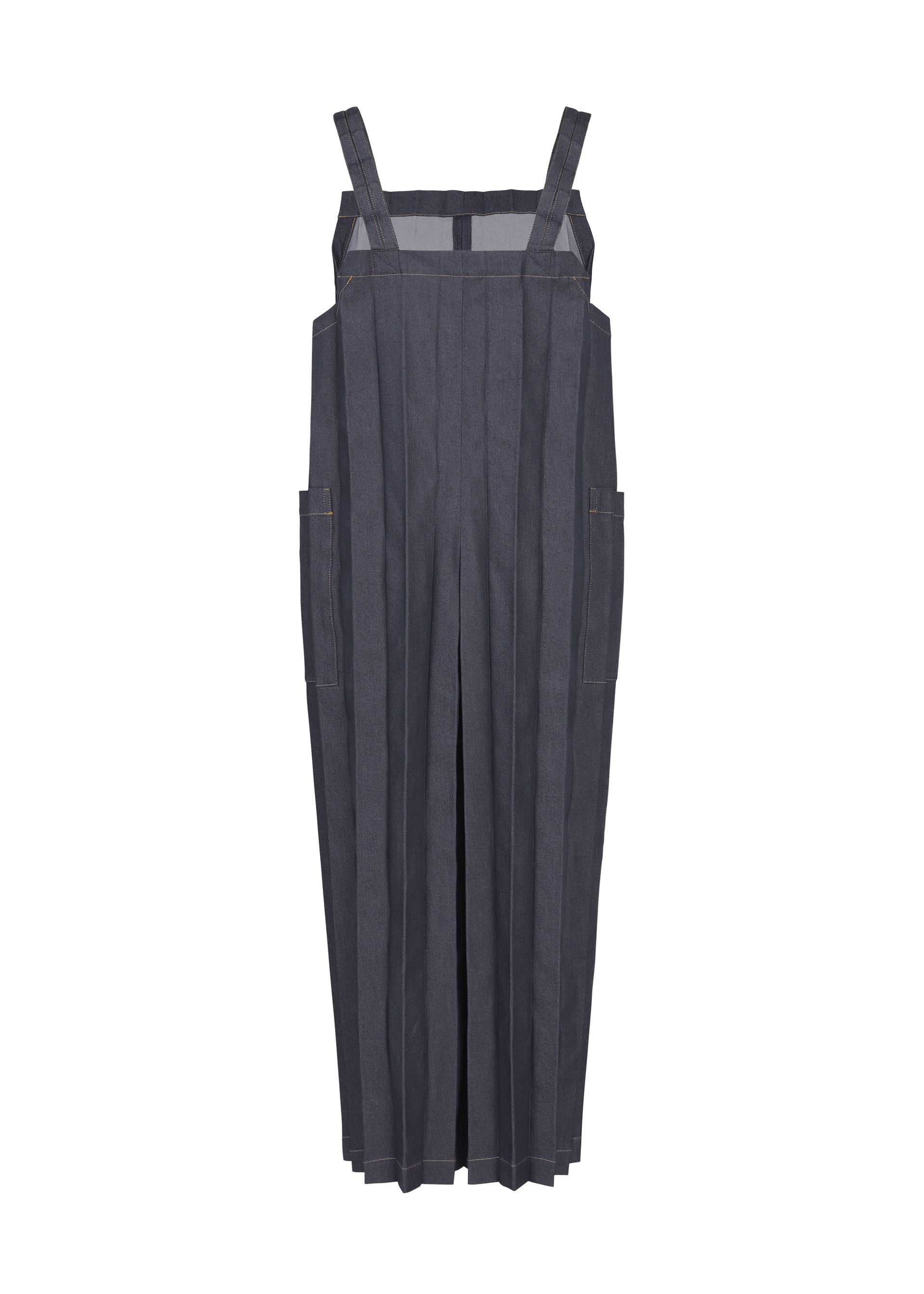 Zoomed view DENIM PLEATS BOTTOM by me ISSEY MIYAKE in dark gray, made from recycled polyester denim, features wide legs, side pockets, adjustable shoulder straps, and delicate hand pleating details. Shown against a plain white background.