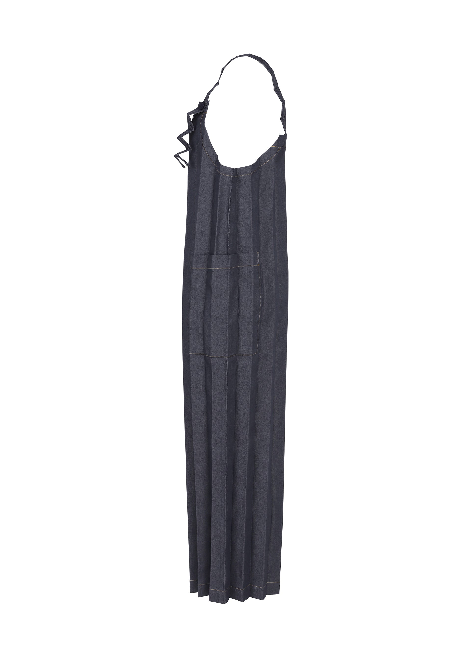 Zoomed view A long, dark gray, pinstriped “DENIM PLEATS BOTTOM” by me ISSEY MIYAKE, crafted from recycled polyester denim with a large front pocket and adjustable neck strap, is displayed against a white background.