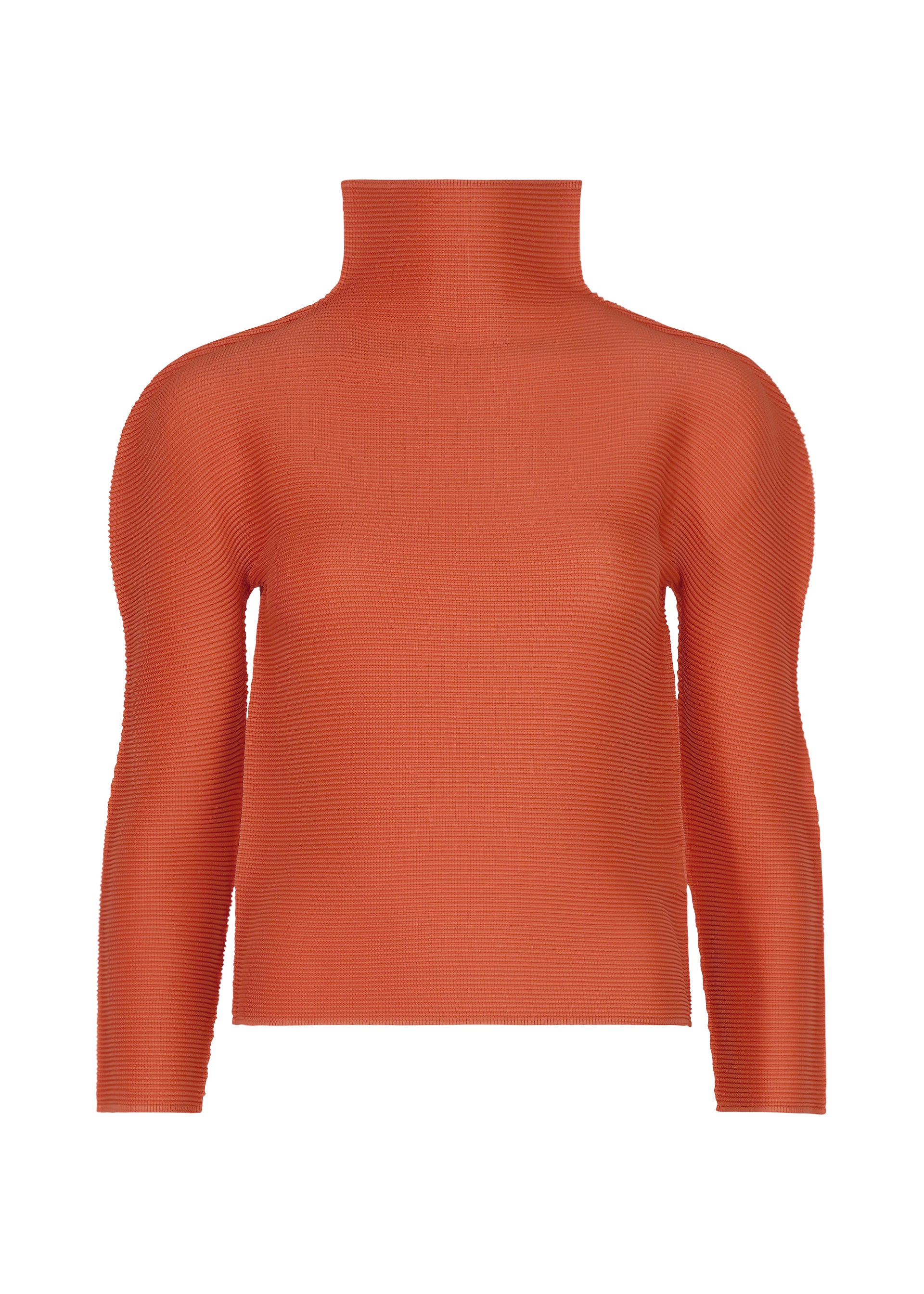 Zoomed view A long-sleeved, high-neck “STRETCH PLEATS 3” top by me ISSEY MIYAKE, crafted with ribbed stretch pleats in vibrant orange, displayed against a plain white background. - VERMILION （no.34）
