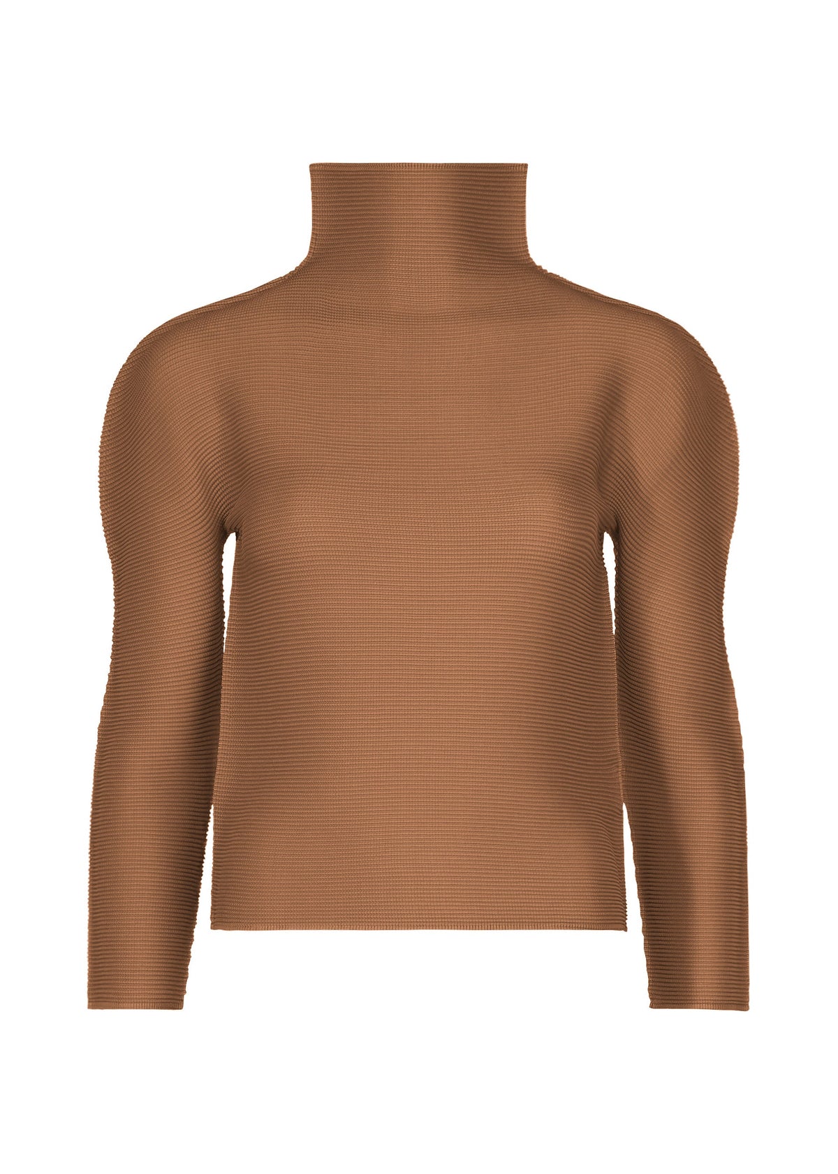 The STRETCH PLEATS 3 by me ISSEY MIYAKE is a brown ribbed long-sleeve turtleneck sweater, showcased on a white background. This sleek high-neck top features subtle stretch pleats for enhanced comfort and appears free of any visible tags or logos. view 2 of 7