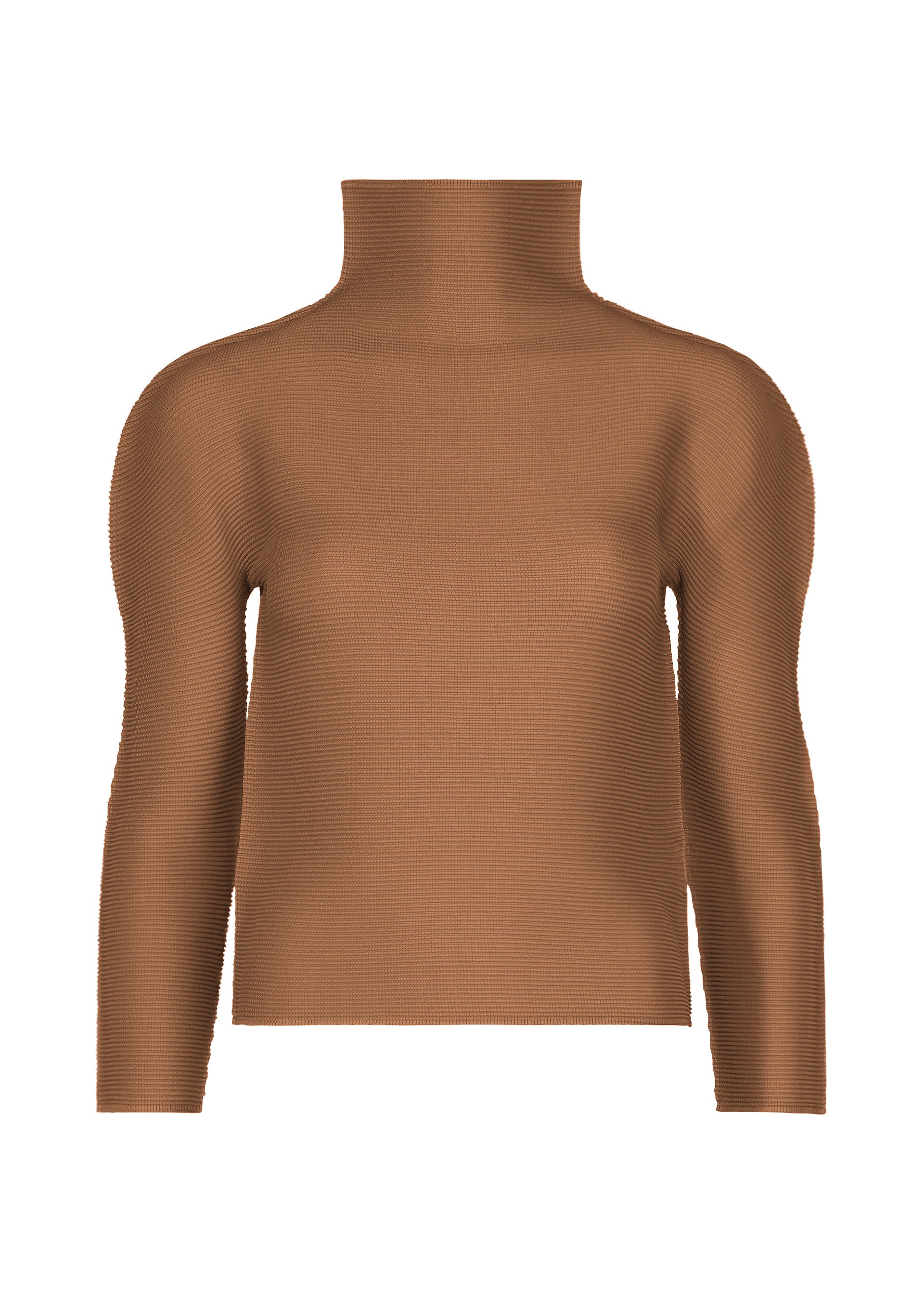 Zoomed view The STRETCH PLEATS 3 by me ISSEY MIYAKE is a brown ribbed long-sleeve turtleneck sweater, showcased on a white background. This sleek high-neck top features subtle stretch pleats for enhanced comfort and appears free of any visible tags or logos. - BROWN （no.44）