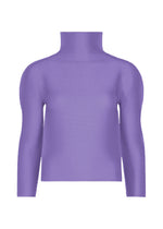 A long-sleeved, ribbed STRETCH PLEATS 3 top in lavender by me ISSEY MIYAKE is displayed on a plain white background, featuring subtle stretch pleats for added texture and style. - PURPLE （no.81）