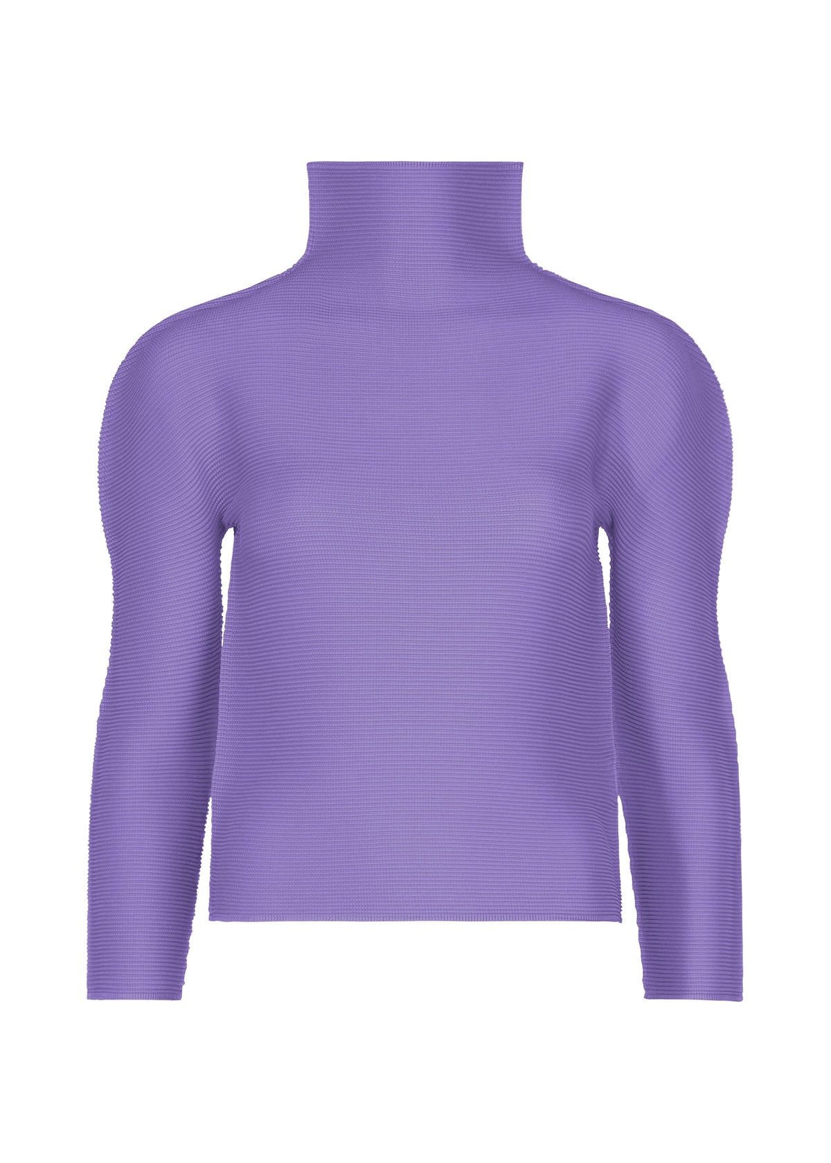 Zoomed view A long-sleeved, ribbed STRETCH PLEATS 3 top in lavender by me ISSEY MIYAKE is displayed on a plain white background, featuring subtle stretch pleats for added texture and style. - PURPLE （no.81）