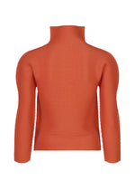 The STRETCH PLEATS 3 by me ISSEY MIYAKE is pictured from the back against a white background, featuring long sleeves, a high neckline, ribbed orange fabric, and subtle stretch pleats.