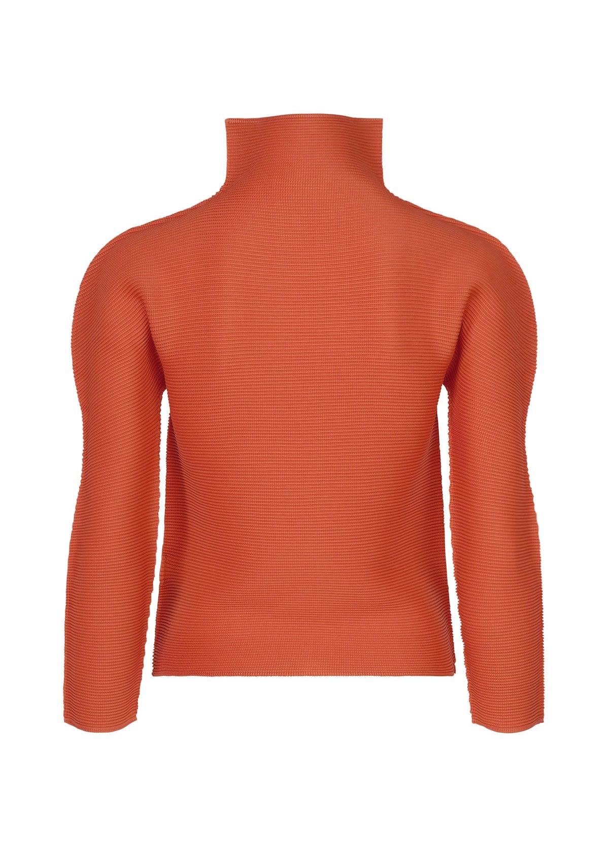 Zoomed view The STRETCH PLEATS 3 by me ISSEY MIYAKE is pictured from the back against a white background, featuring long sleeves, a high neckline, ribbed orange fabric, and subtle stretch pleats.