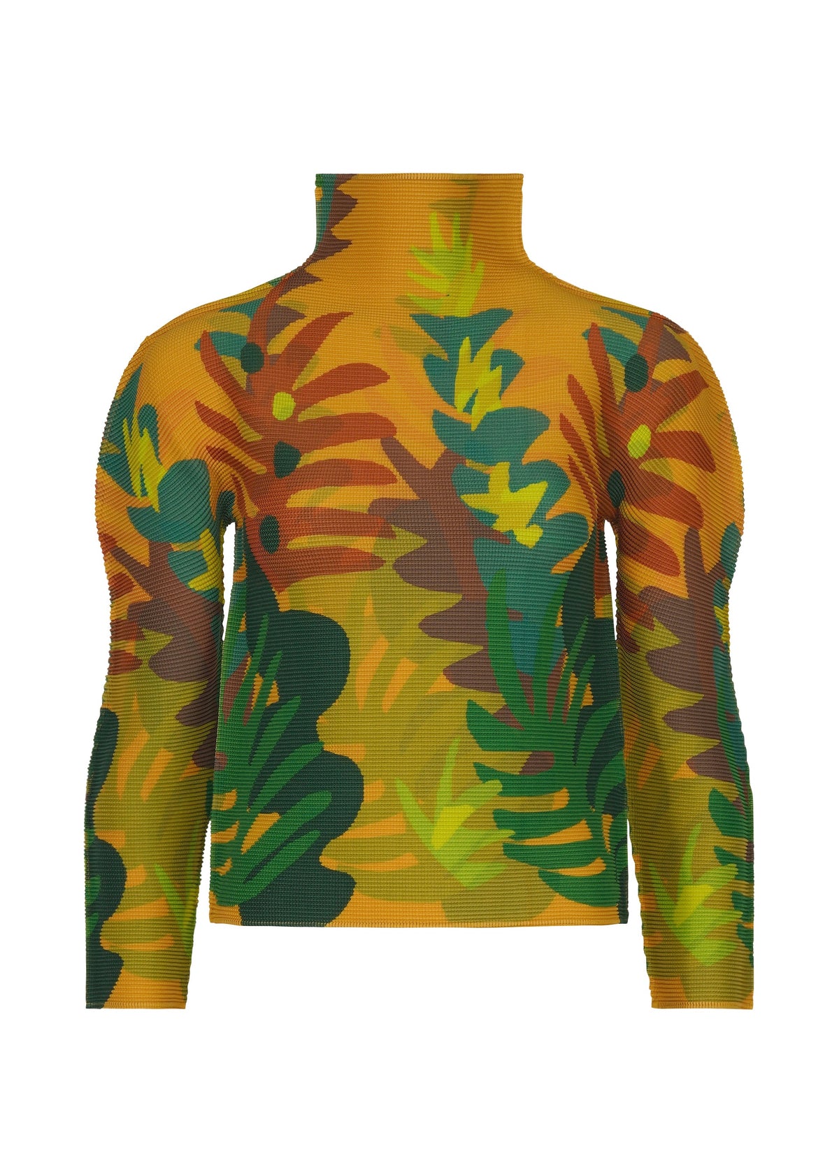 Zoomed view The JUNGLE top by me ISSEY MIYAKE is a high-neck, long-sleeve mesh piece adorned with a vibrant, abstract leaf motif inspired by jungle prints in orange, green, yellow, and brown tones. - ORANGE-HUED （no.39）