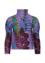 Introducing the JUNGLE top by me ISSEY MIYAKE—a vibrant high-neck, long-sleeve design adorned with a striking tropical leaf print in purple, green, and blue hues on a light purple background. This bold jungle print makes an eye-catching addition to any wardrobe. - PURPLE-HUED （no.87）