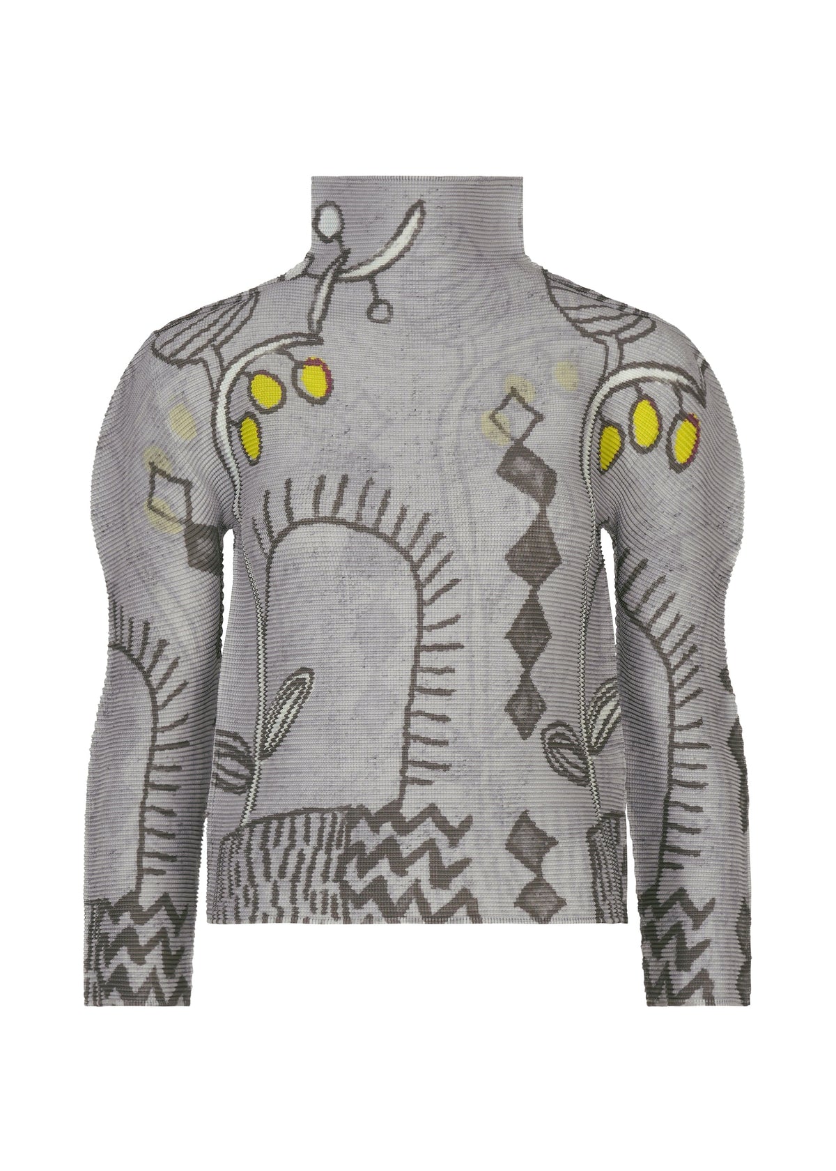 The PLANT top by me ISSEY MIYAKE is a high-neck, long-sleeve gray stretch pleats piece adorned with abstract black line art, zigzag patterns, plant-inspired shapes, and small yellow circles accenting the shoulders and upper chest. view 1 of 7