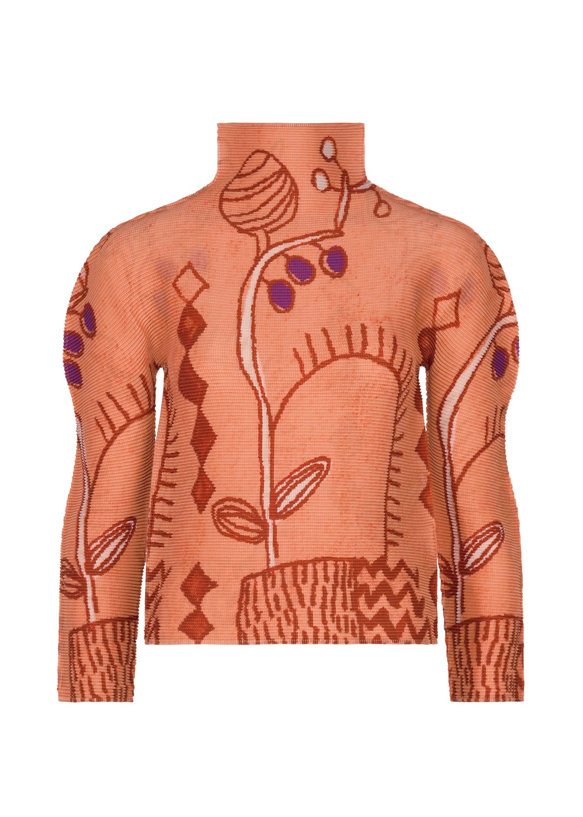 Zoomed view The PLANT sweater by me ISSEY MIYAKE is a high-neck, long-sleeve orange knit featuring abstract floral and geometric patterns in brown and purple tones, with a textured design that echoes sophisticated plant motifs. - VERMILION-HUED （no.38）