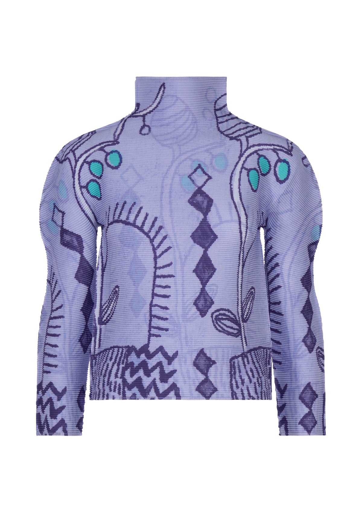The PLANT shirt by me ISSEY MIYAKE is a high-neck, long-sleeve top adorned with abstract blue and teal zigzags, wavy lines, and leaf-like plant patterns on a light lavender background. view 3 of 7